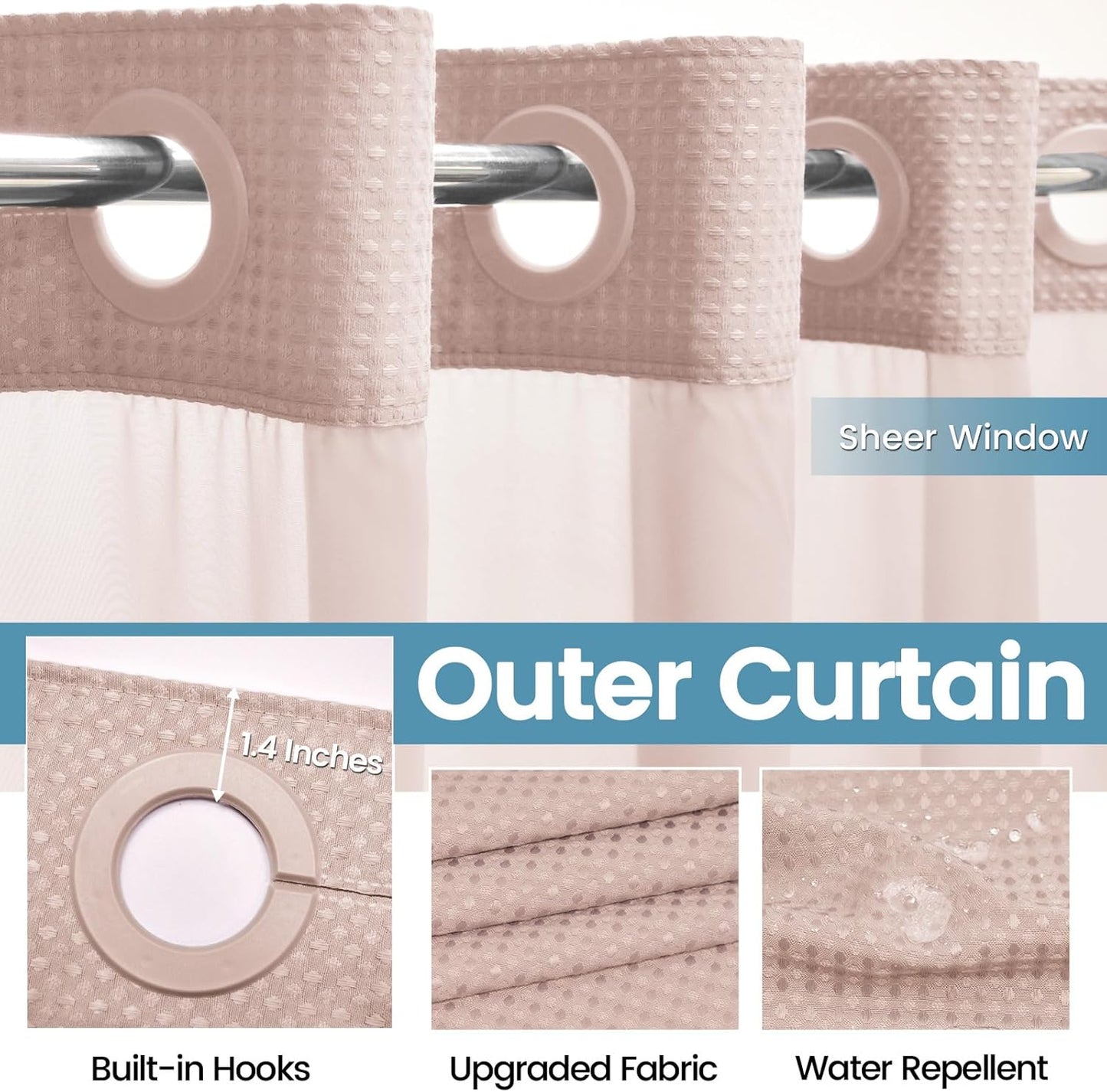 Blush Pink Long No Hook Shower Curtain with Snap in Liner,230GSM Waffle Weave Shower Curtains for Bathroom,71W x 86H