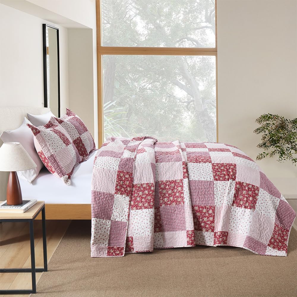 ENASAL Cotton Bedspread Quilt Bedding Sets Reversible Coverlet Sets Comforters Plaid Floral Red White Patchwork Pattern Bedspread for All Season, King Size