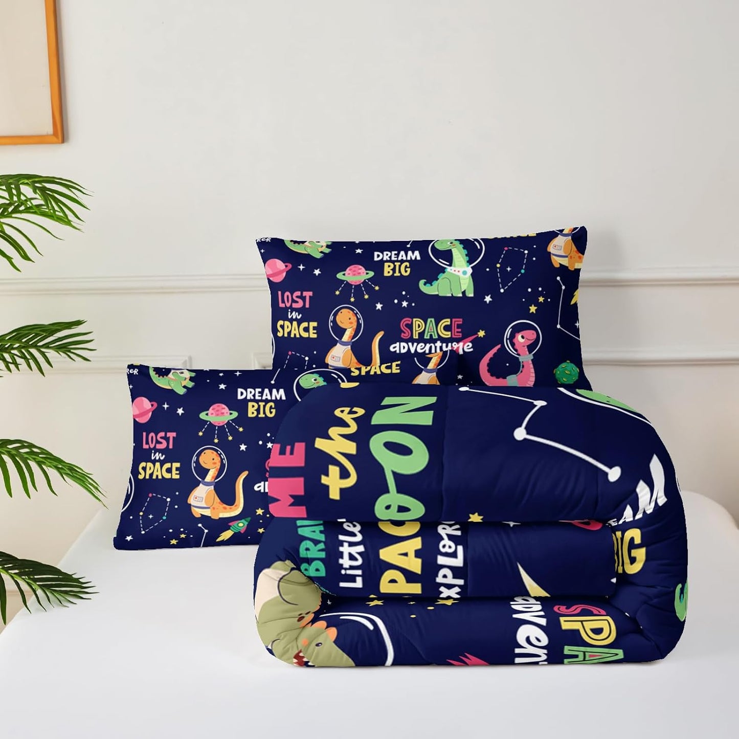 Dinosaurs in Space Twin Comforter Set，Twin Size Bedding Set for Boys Dinosaurs，with 1 Comforter with 2 Pillow Case
