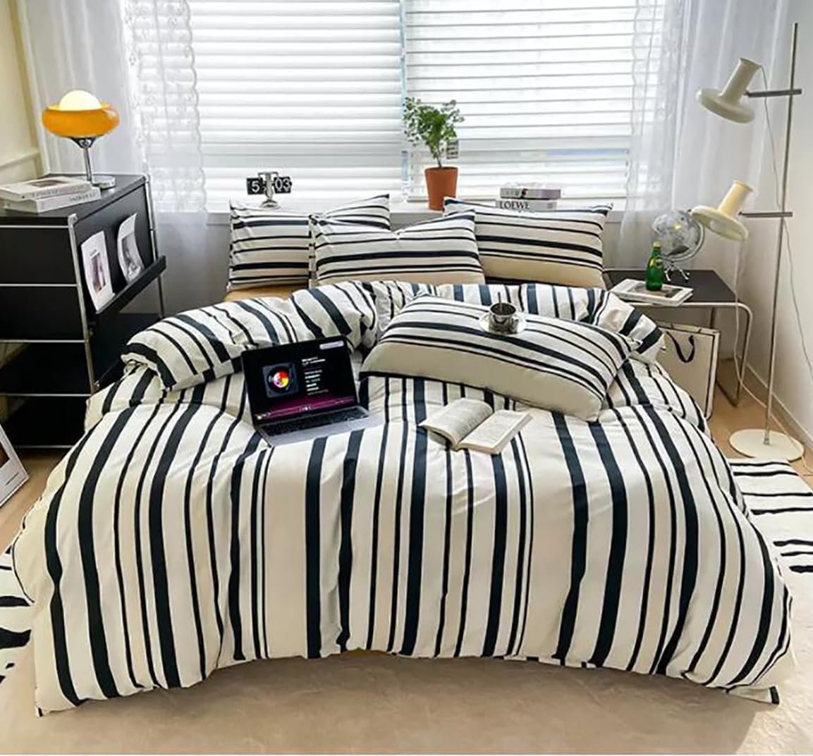 KAREVER Striped Comforter Set Twin Black and White Comforter Men Women Modern Chic Stripes Bed Comforters Beige Black Striped Twin Ticking Bedding Comforter Set All Season Hotel Quality Bed Set