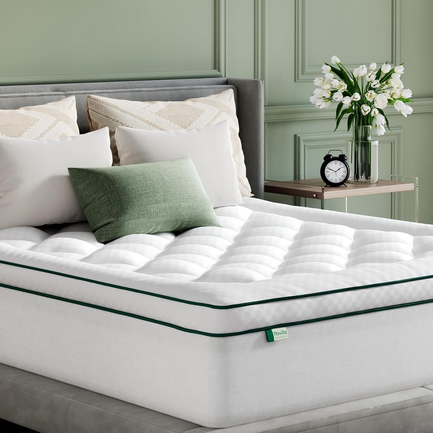 Novilla Queen Mattress Topper, Extra Thick Pillow Top Mattress Pad with Down Alternative, Breathable Mattress Cover with for 8-21", Machine Washable Fitted Mattress Protector – Green-White