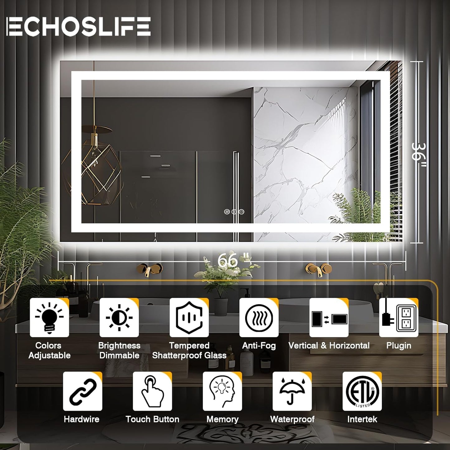 66"x36" LED Lit Bathroom Mirror, Front and Backlit LED Mirror, Anti-Fog Bathroom Mirror with Lights, 3 Colors Stepless Dimmable Mirror, Touch Sense (Horizontal/Vertical)