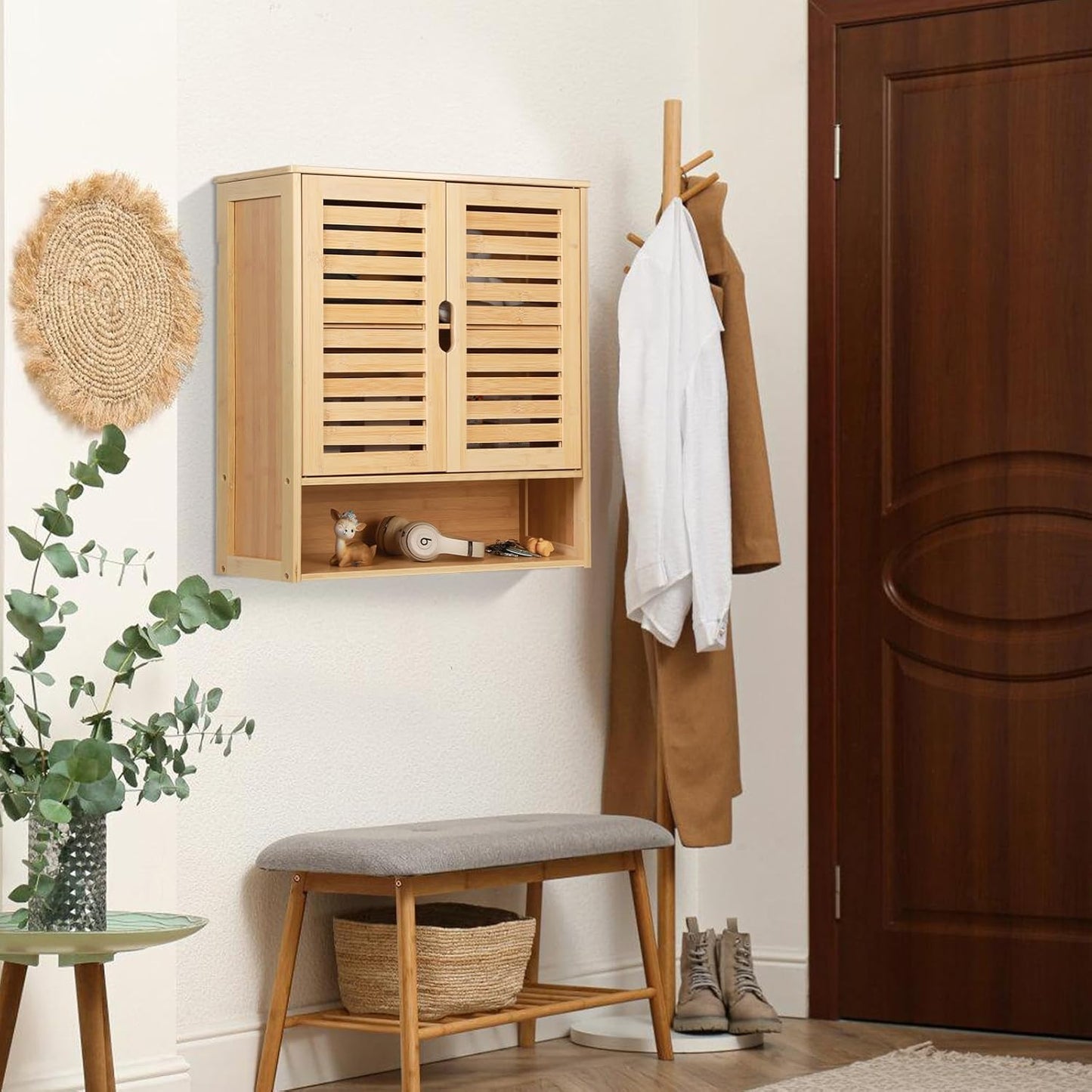 HYNAWIN Bathroom Wall-Mounted Medicine Cabinet - Over-The-Toilet Floating Bamboo Storage Organizer with Adjustable Shelf, Space-Saving for Kitchen, and Living Room