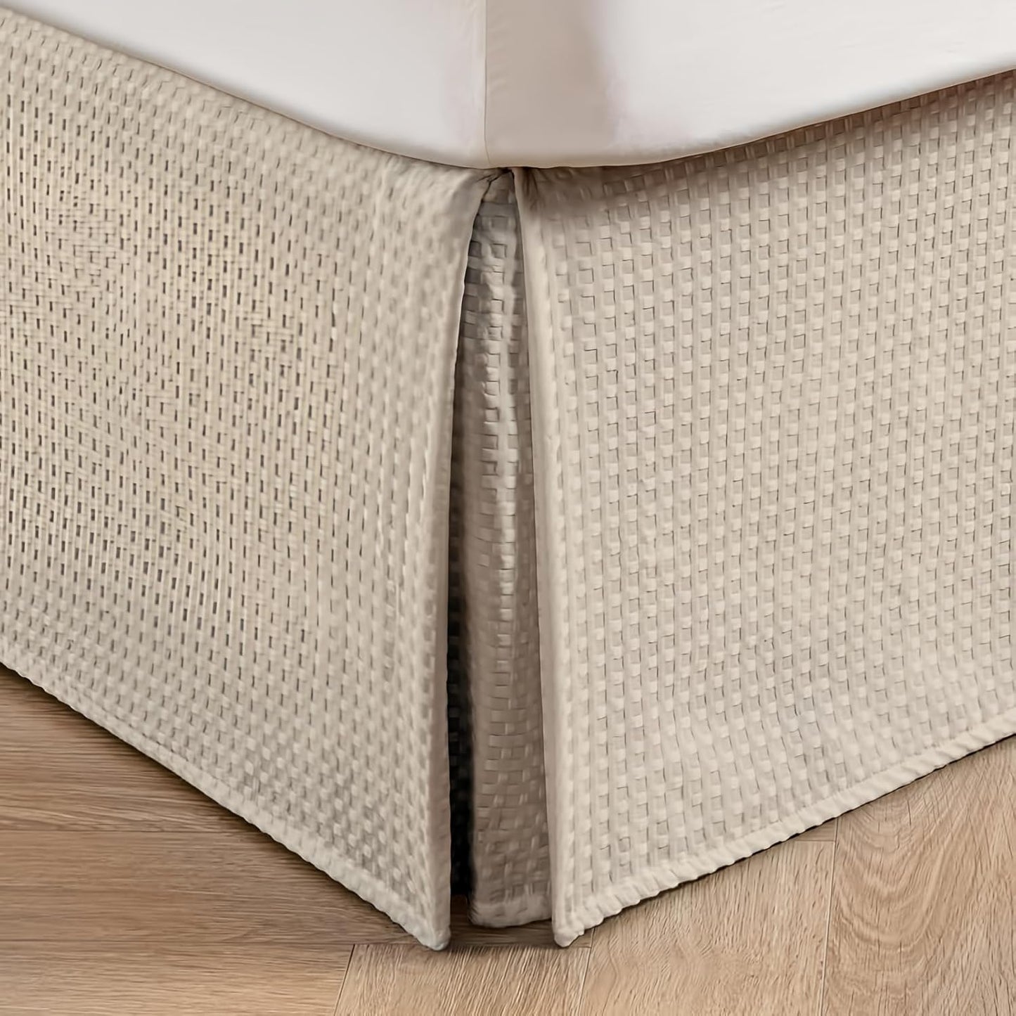 MIYE Pleated Waffle Weave Bed Skirt, Tailored Dust Ruffle 12 Inch Drop Easy Fit, Machine Washable,No Split Corners (Beige, Queen - 12" Drop)