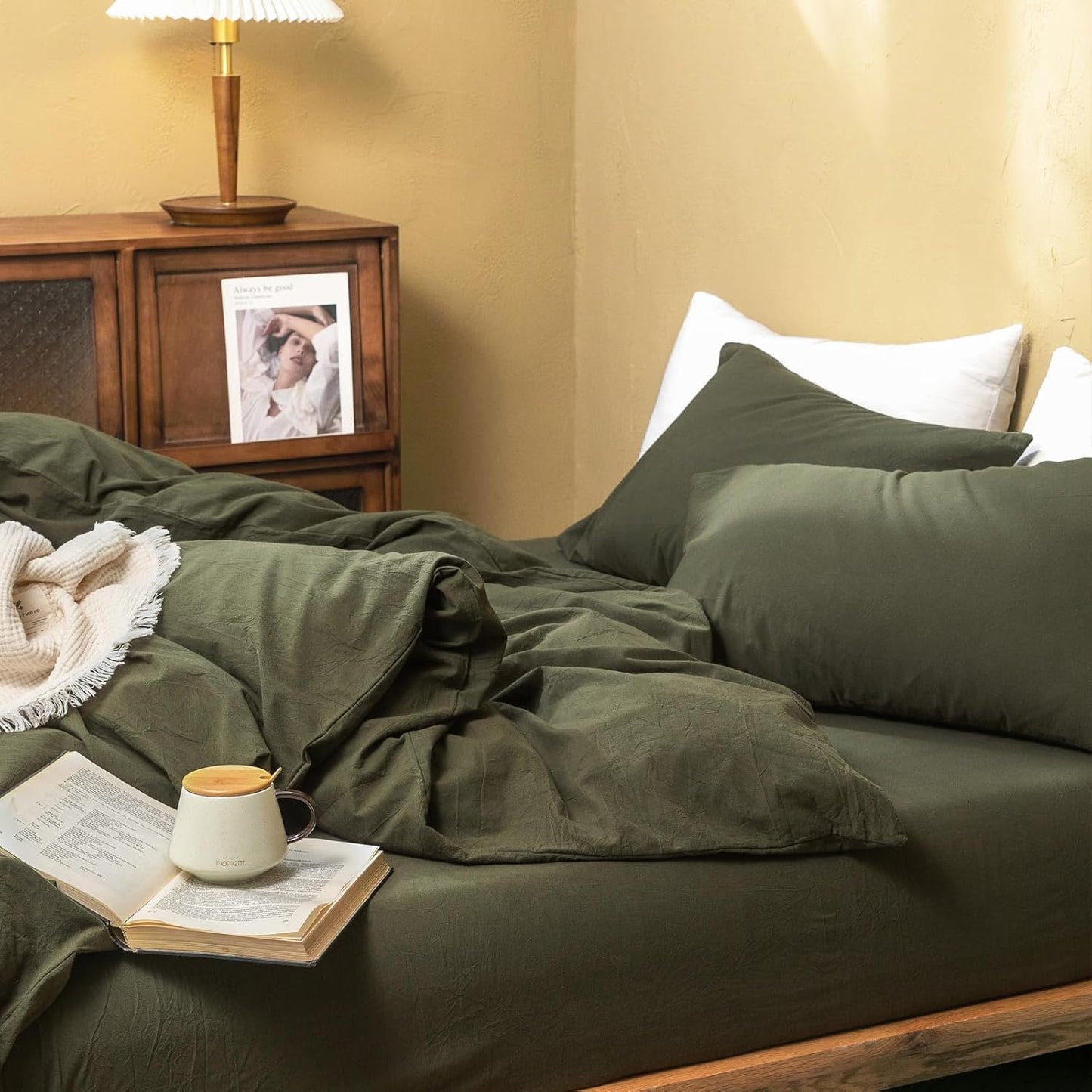 FOSSA Duvet Cover Set 100% Washed Cotton Linen Feel Super Soft Breathable Cozy 3 Pieces Bedding Sets Solid Olive Green Oversized King