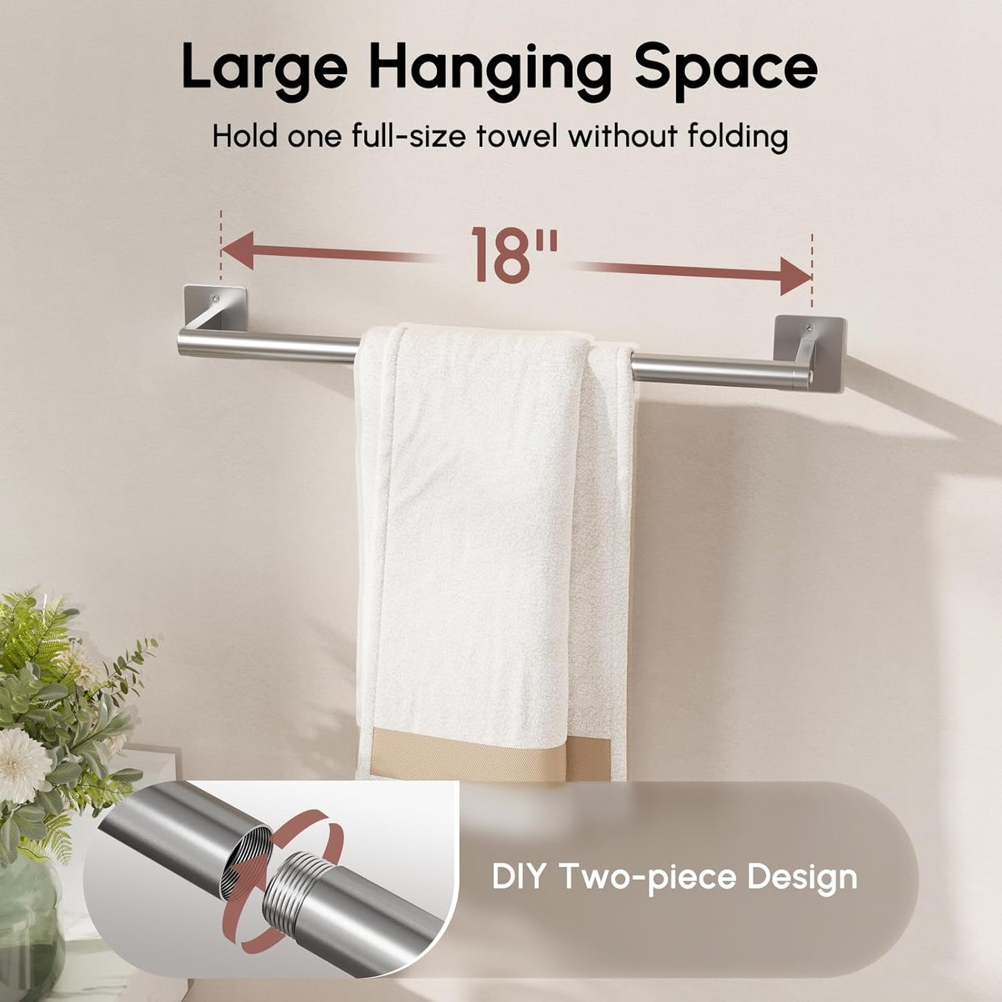 USHOWER Brushed Nickel Towel Bar, 18 Inch Towel Racks for Bathroom Wall Mounted, Heavy Duty Stainless Steel Towel Holder, Easy Installation (Total Length 20 Inch)
