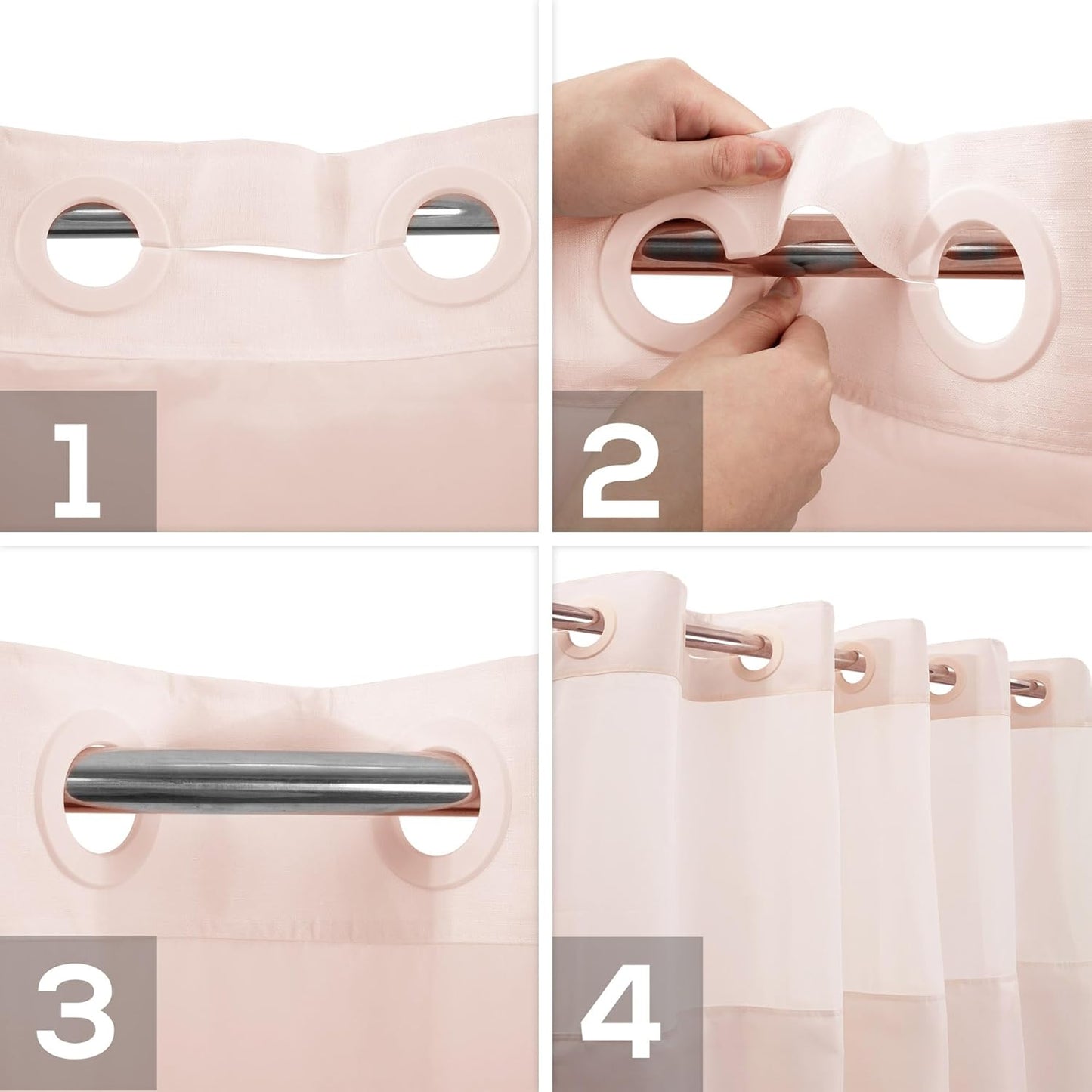 No Hook Slub Textured Shower Curtain with Snap-in PEVA Liner Set - 71" x 74"(72"), Hotel Style with See Through Top Window, Fabric Outer Curtain & Waterproof Inner Liner, Pink, 71x74