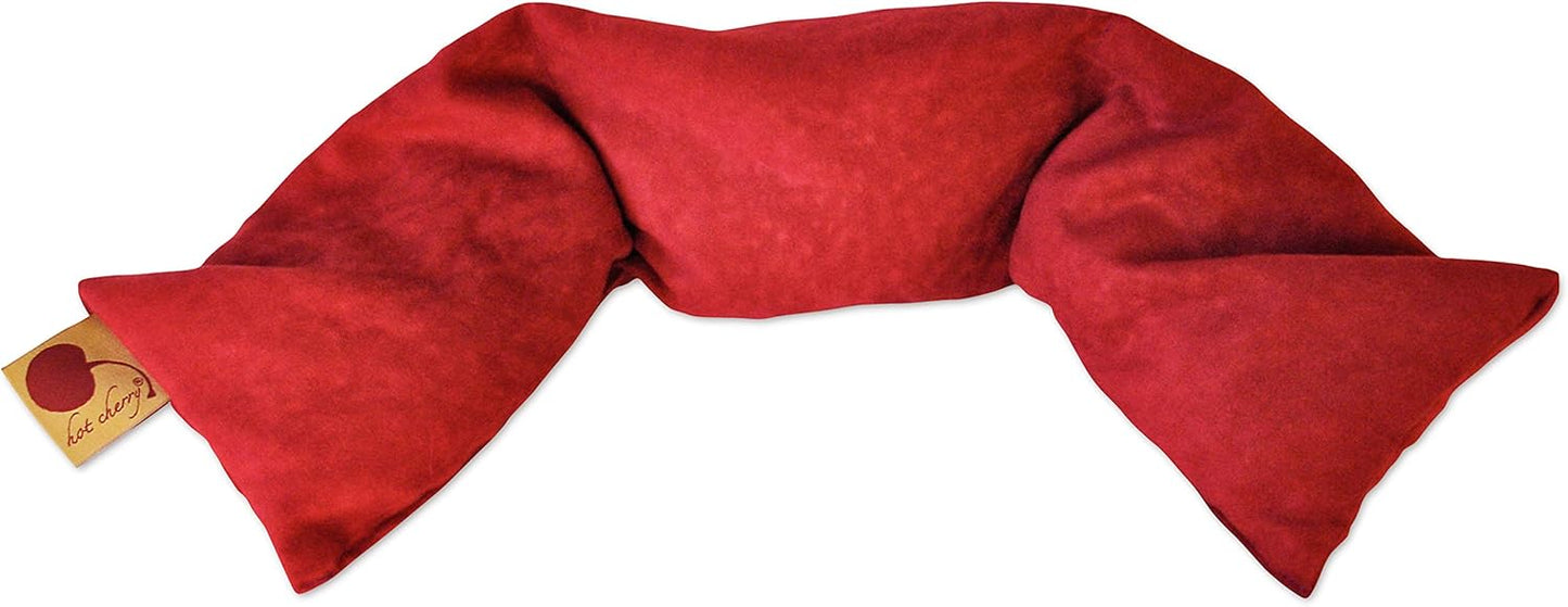 Neck Wrap Red Ultra Suede Cherry Pit-Stone Pillow, Microwavable Hot/Cold Compress, Sustainable Moist Heat Pack, Shoulder Pain Relief, Washable, Spa