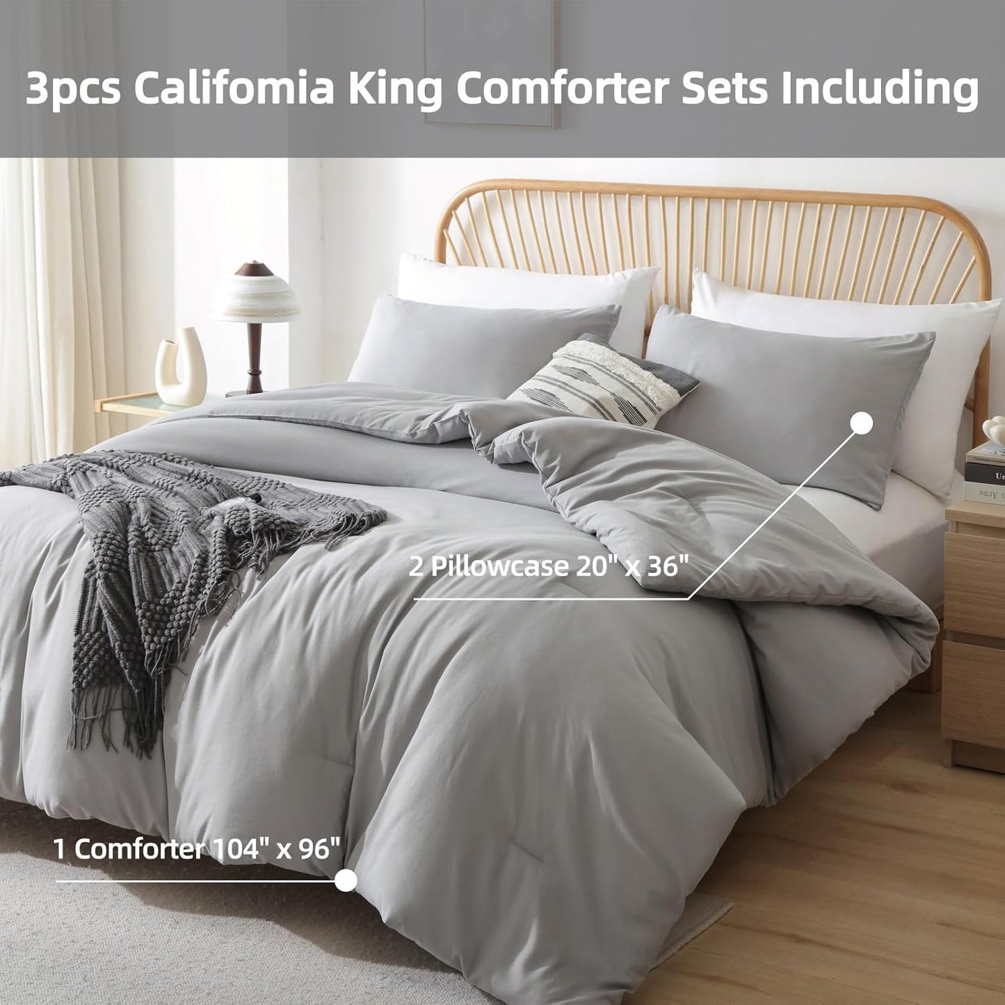 ROSGONIA California King Comforter Set Grey, 3pcs (1 Boho Cal King Comforter & 2 Pillowcases) All Season Lightweight Bedding Blanket Quilt