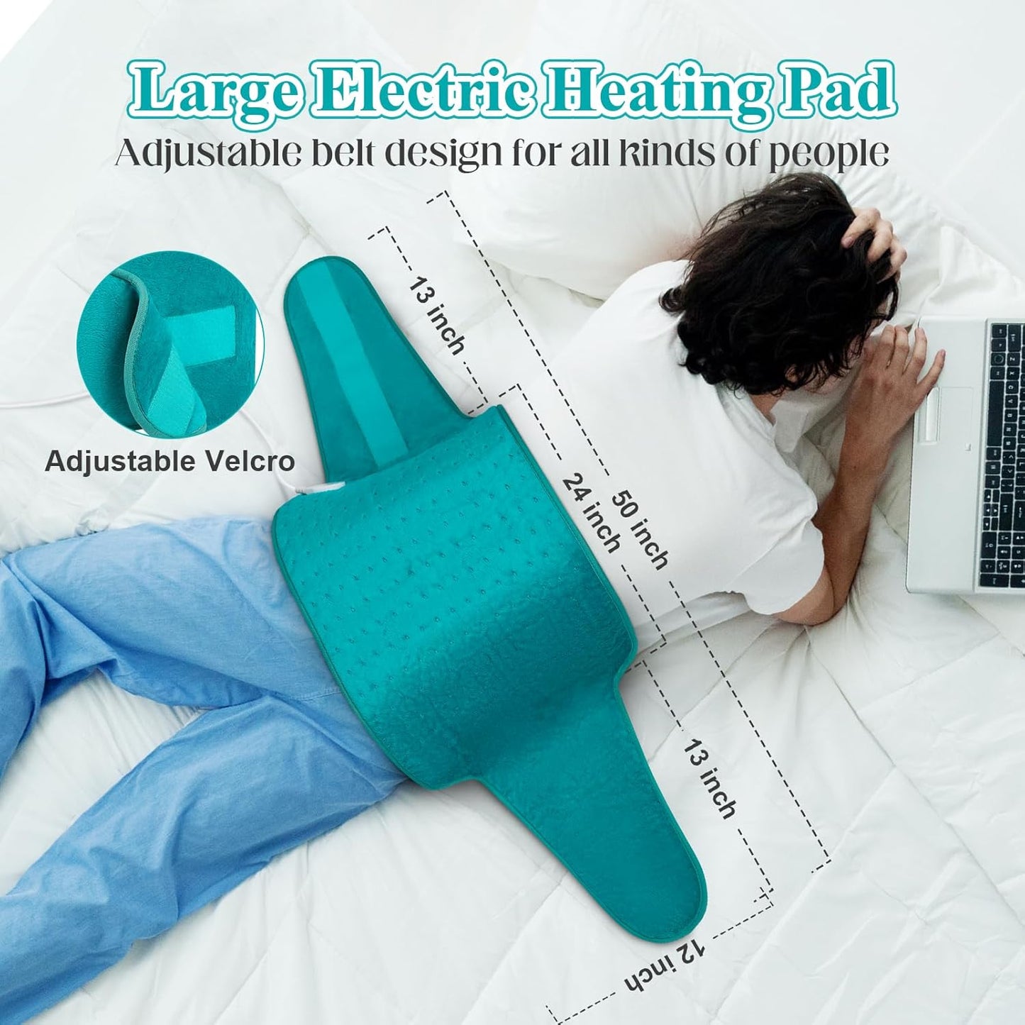 Heating Pad for Back, Heating Pad for Period Cramps/Waist/Shoulders with Belt, Christmas Gifts for Women Men Mom Dad, 6 Heat Settings, 4 Timers, Auto-Off, Machine Washable, Blue Green