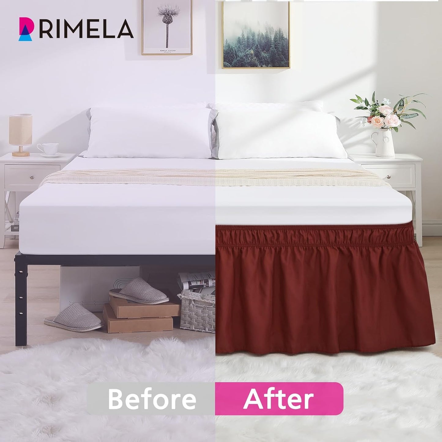 RIMELA Wine Red Bed Skirt Queen Size 15 Inch Drop, Elastic Bed Skirting for Bed Base and Frame, Bedding Dust Ruffle Easy to Install, Lightweight Wrap Around Adjustable Bedskirt