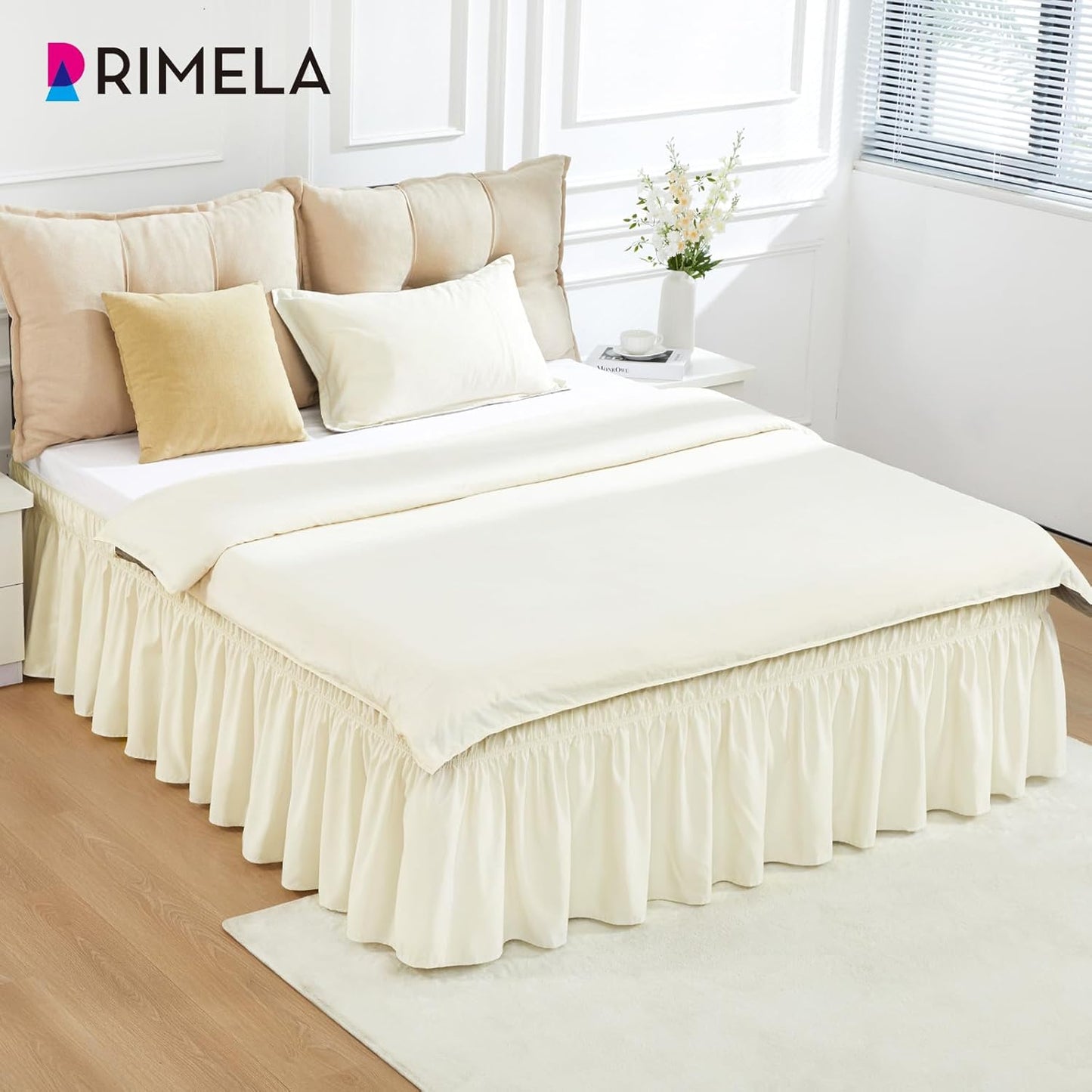 RIMELA Off White Bed Skirt Queen Size 15 Inch Drop, Elastic Bed Skirting for Bed Base and Frame, Bedding Dust Ruffle Easy to Install, Lightweight Wrap Around Adjustable Bedskirt