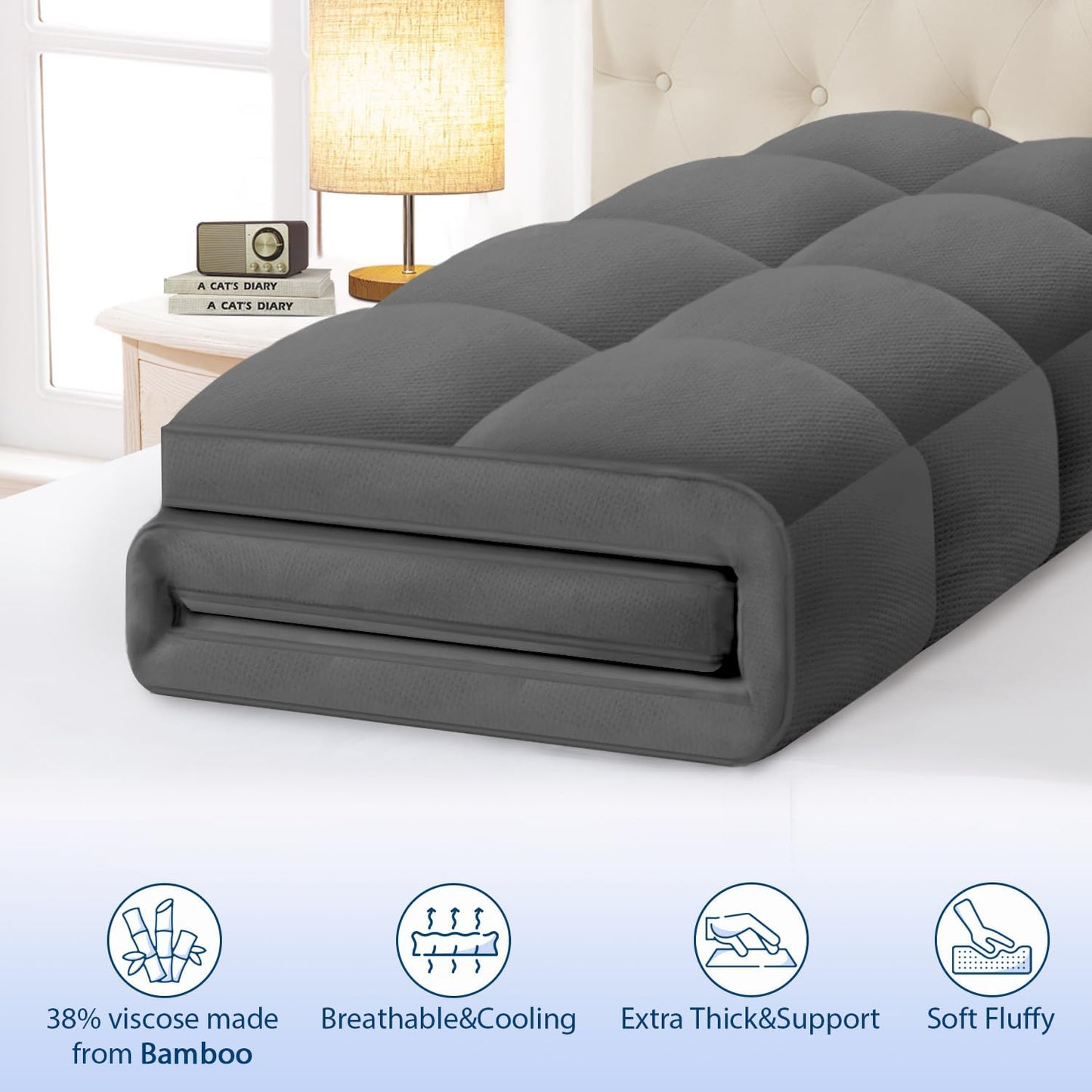 ELEMUSE Twin XL Grey Cooling Bamboo Viscose Mattress Topper for College Dorm, Extra Long Twin Mattress Pad Cover for Back Pain, Soft Pillowtop with Deep Pocket, Overfilled Down Alternative Filling