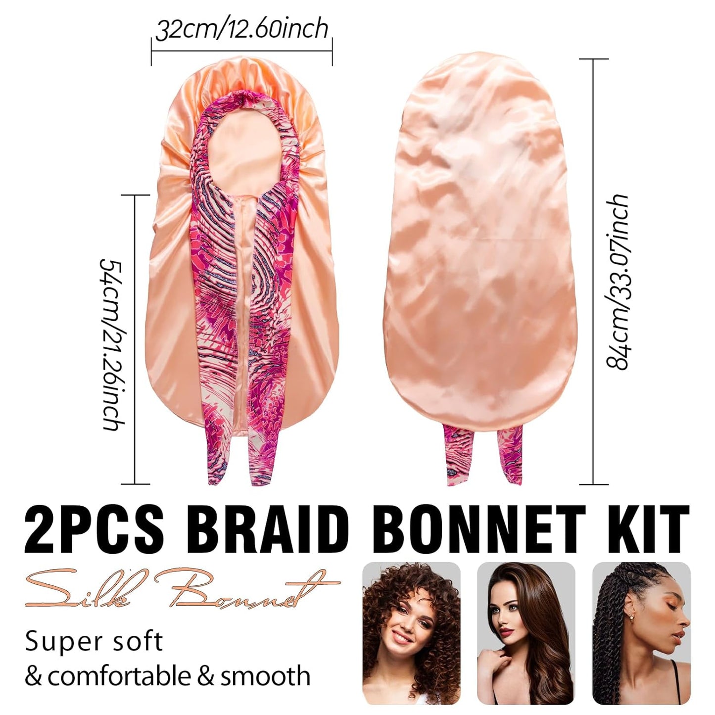 2Pcs Bonnets for Women Sleeping Braid Bonnet, Large Long Satin Silk Bonnet for Braids,Black Women Braid Bonnet with Stretchy Tie Band for Sleeping Extra Long (Black & Golden Pattern)