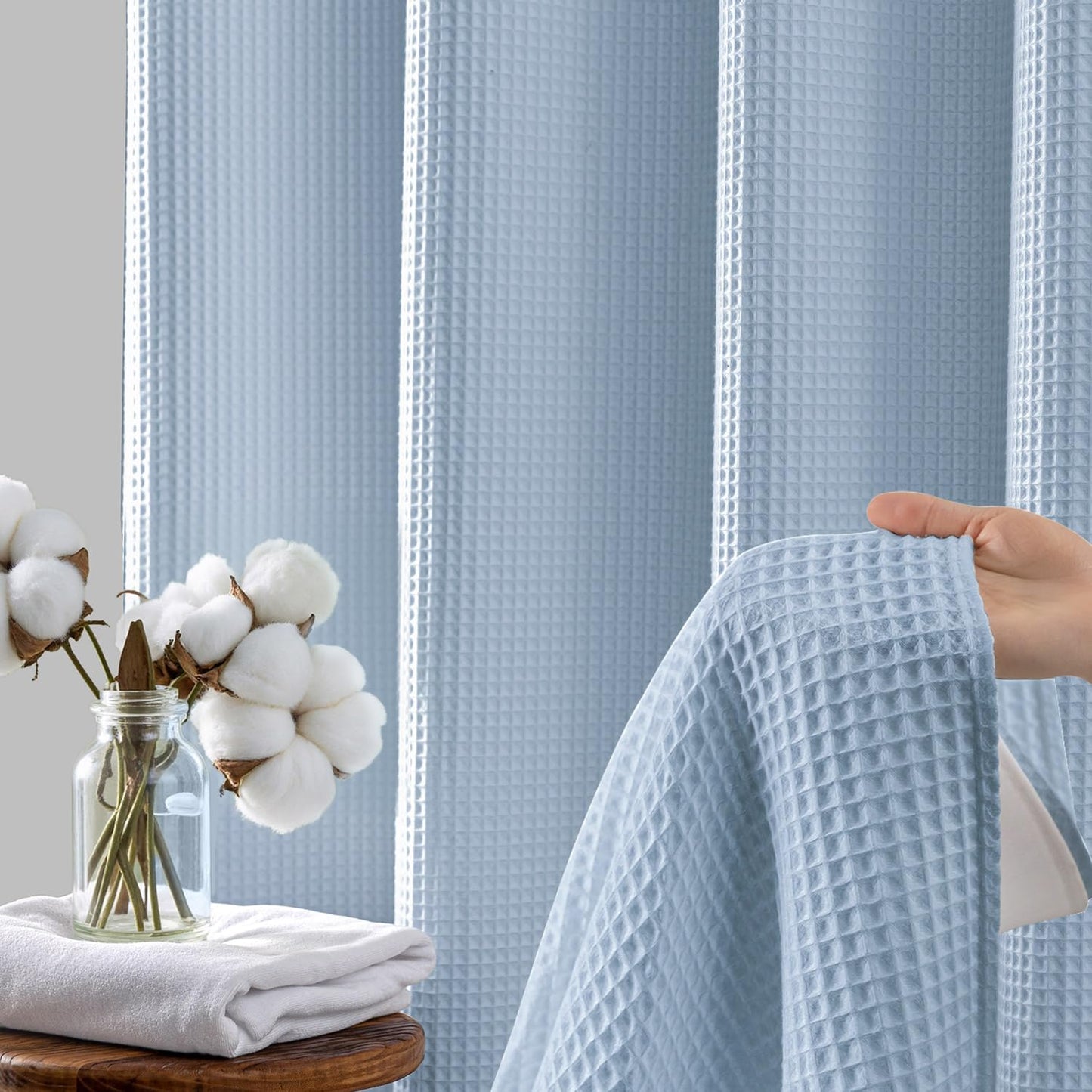 River Dream Misty Blue Fabric Shower Curtain Set, Cotton Blend, Waffle Weave, with Snap in Replacement Liner，71 x 74 inches