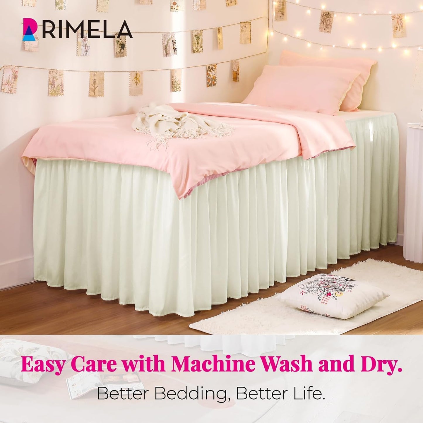 RIMELA Ivory White Dorm Bed Skirt Twin XL 32 Inch Drop, Easy to Install Extra Long Wrap Around Elastic Dust Ruffle, Bedskirt Silky Fabric Machine Washable (Twin XL 80“L x 39”W & Twin 75“L x 39”W)