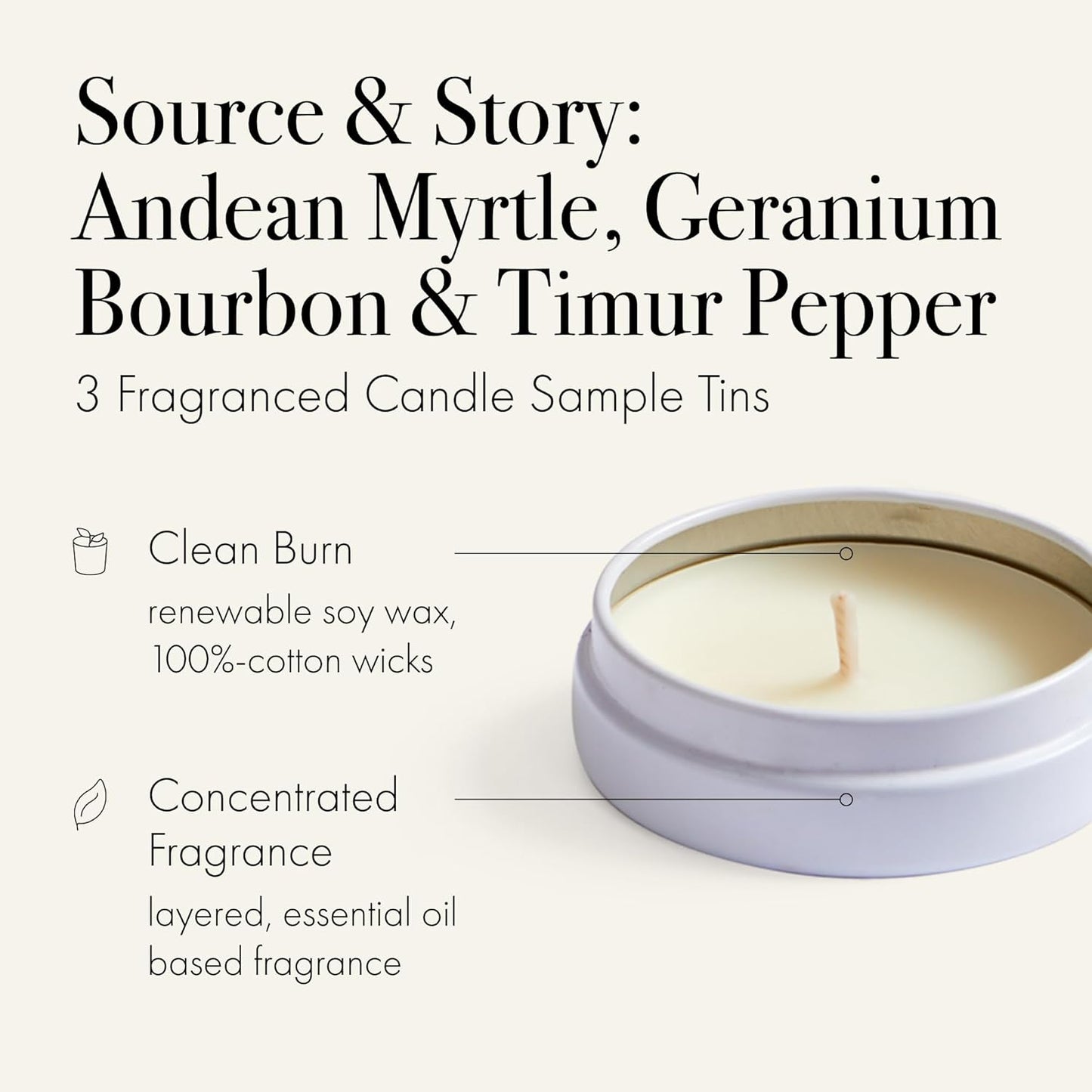 Discovery Trio Source & Story: Andean Myrtle, Geranium Bourbon & Timur Pepper - 3 Fragranced Candle Sample Tins - 4-Hour Burn Time Each - Made in The USA