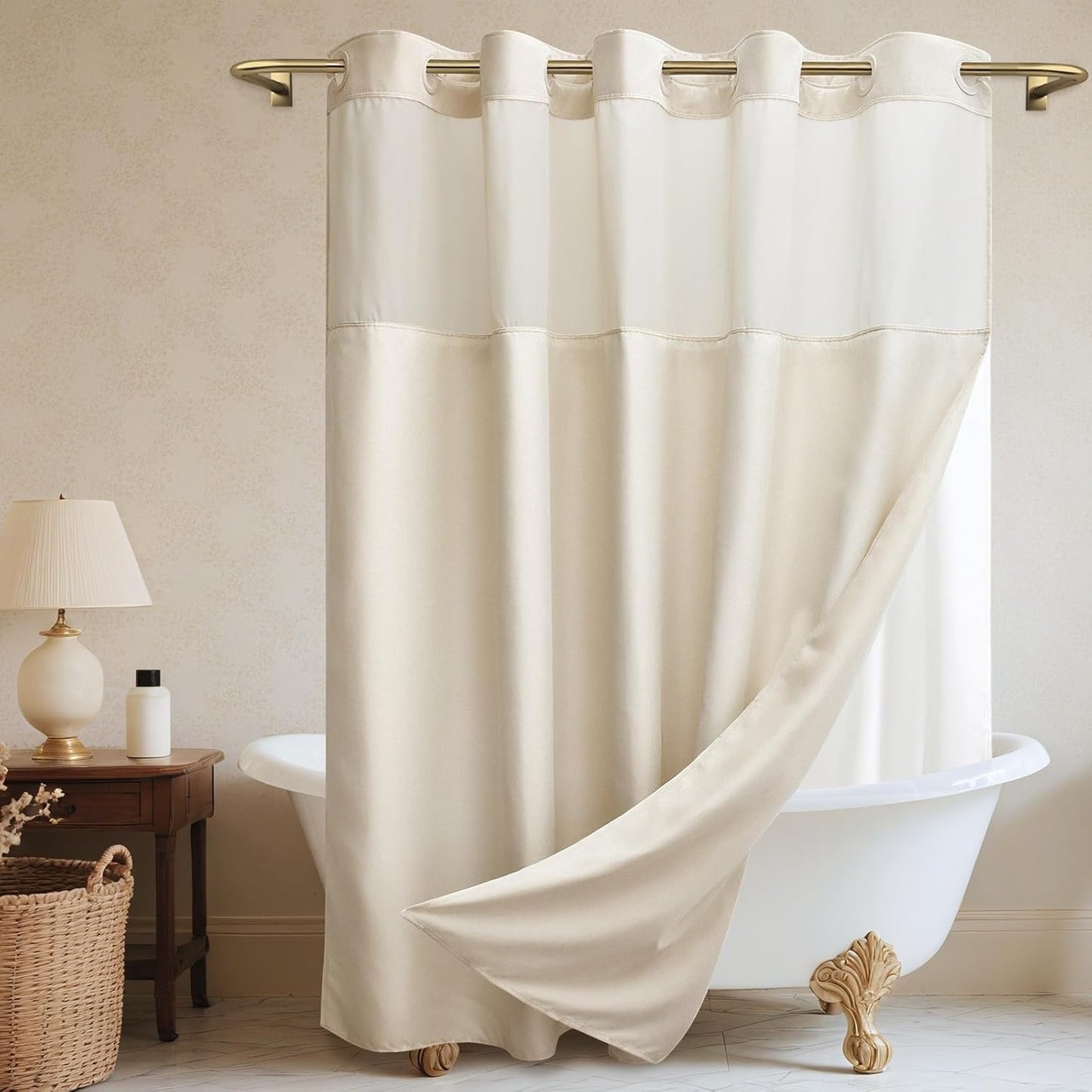 Long No Hook Shower Curtain with Snap in Liner, Polyester Textured Shower Curtain with Liner Set, Waterproof Washable Hotel Style Shower Curtains for Bathroom, 71Wx80H, Cream
