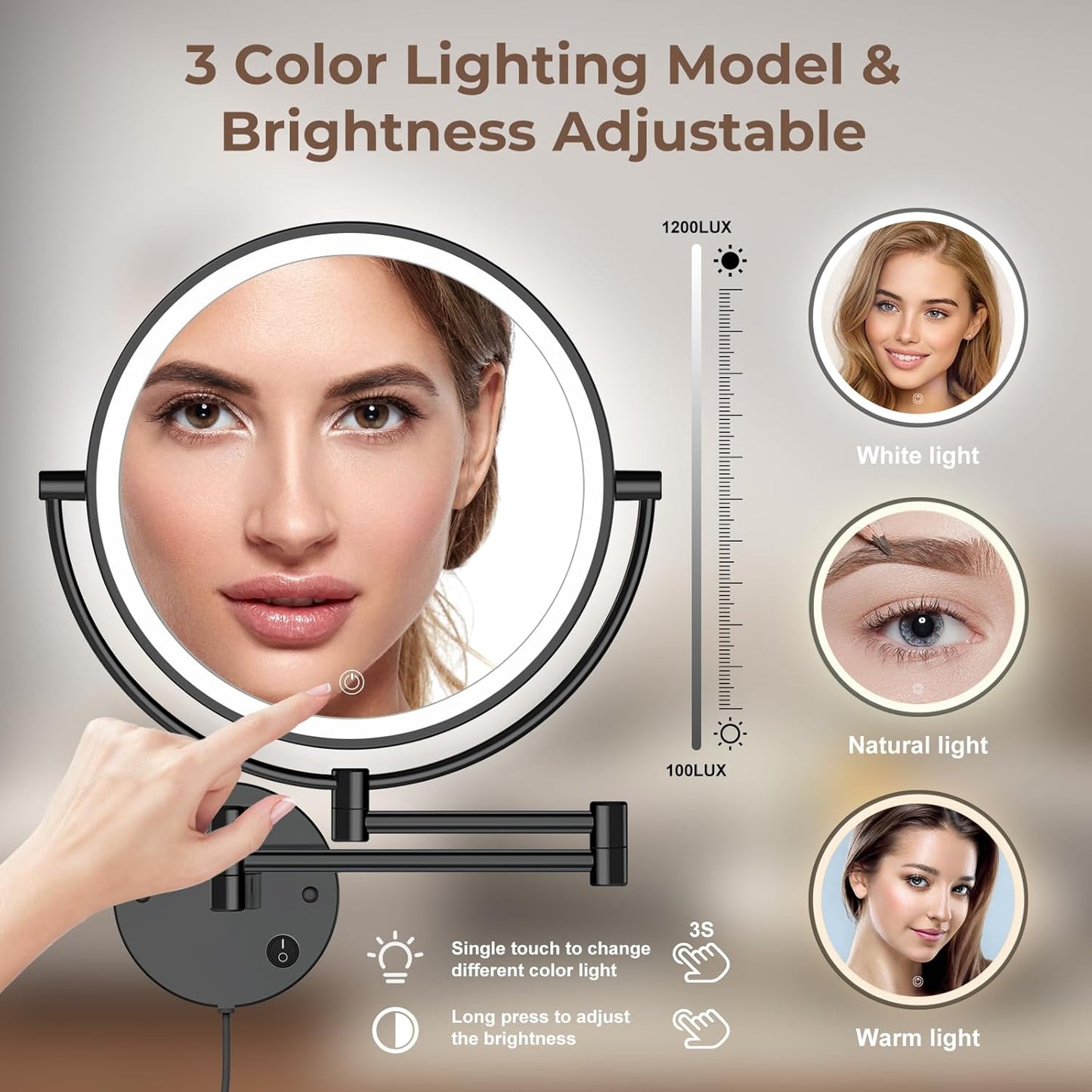Rocollos 9" Plug-in Wall Mounted Lighted Makeup Mirror 1X/10X Magnification, Super Large Double Sided LED Vanity Mirror for Bathroom (Black)