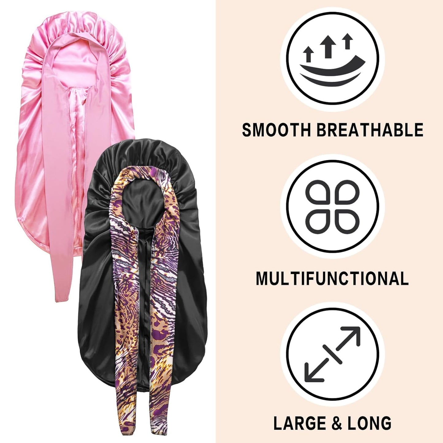 2Pcs Bonnets for Black Women Braid Bonnet, Large Long Satin Silk Bonnet for Braids,Black Women Braid Bonnet with Stretchy Tie Band for Sleeping Extra Long (Pink &Black Dark Pattern