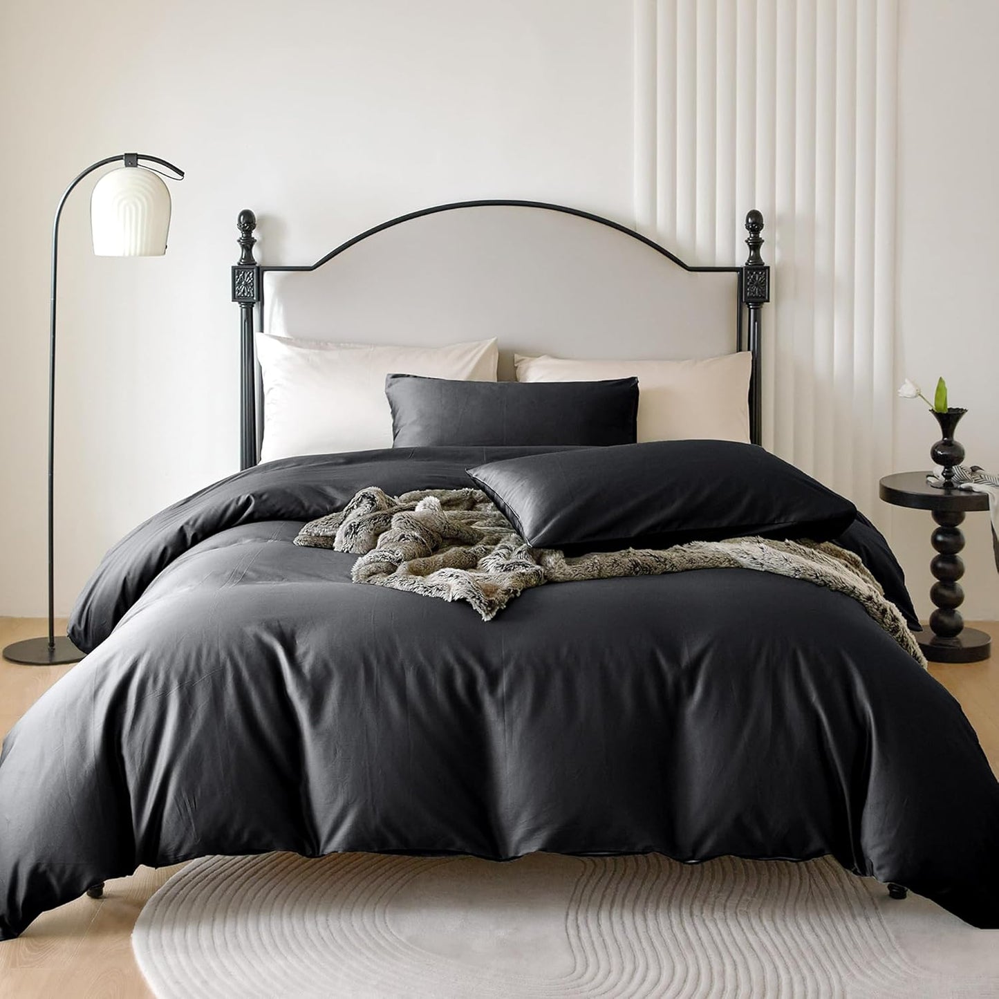 PURE ERA Duvet Cover Set 800 Thread Count Long Staple Cotton Sateen Soft Luxurious Smooth 3 Piece Set Black Full