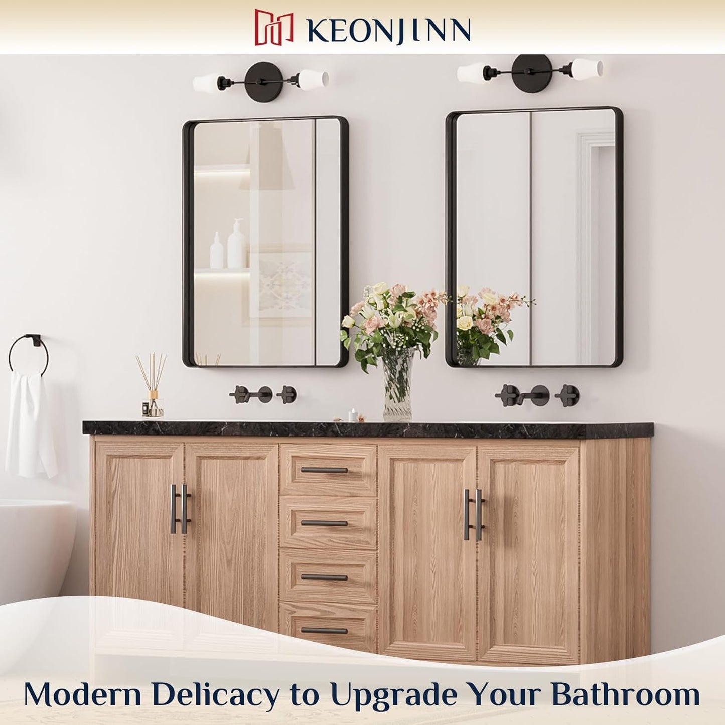 Keonjinn Black Bathroom Mirror, 22 x 30 Inch Rounded Rectangle Matte Black Bathroom Mirrors for Over Sink, Farmhouse Mirror with Seamless Frame, HD Tempered Glass Vanity Mirror(Horizontal/Vertical)
