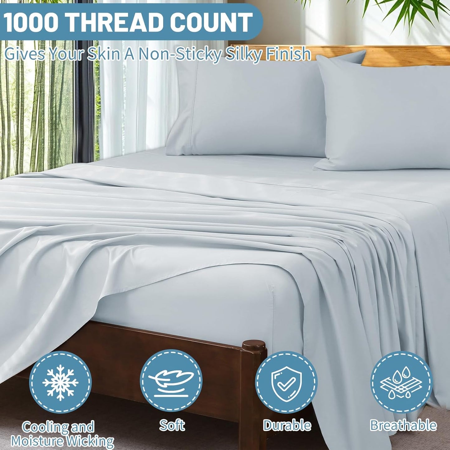 Extra Deep Pocket King Sheets 18-24 Inch 1000 Thread Count 100% Egyptian Cotton Sateen Weave Soft Breathable 4 Pieces（King，Light Blue）