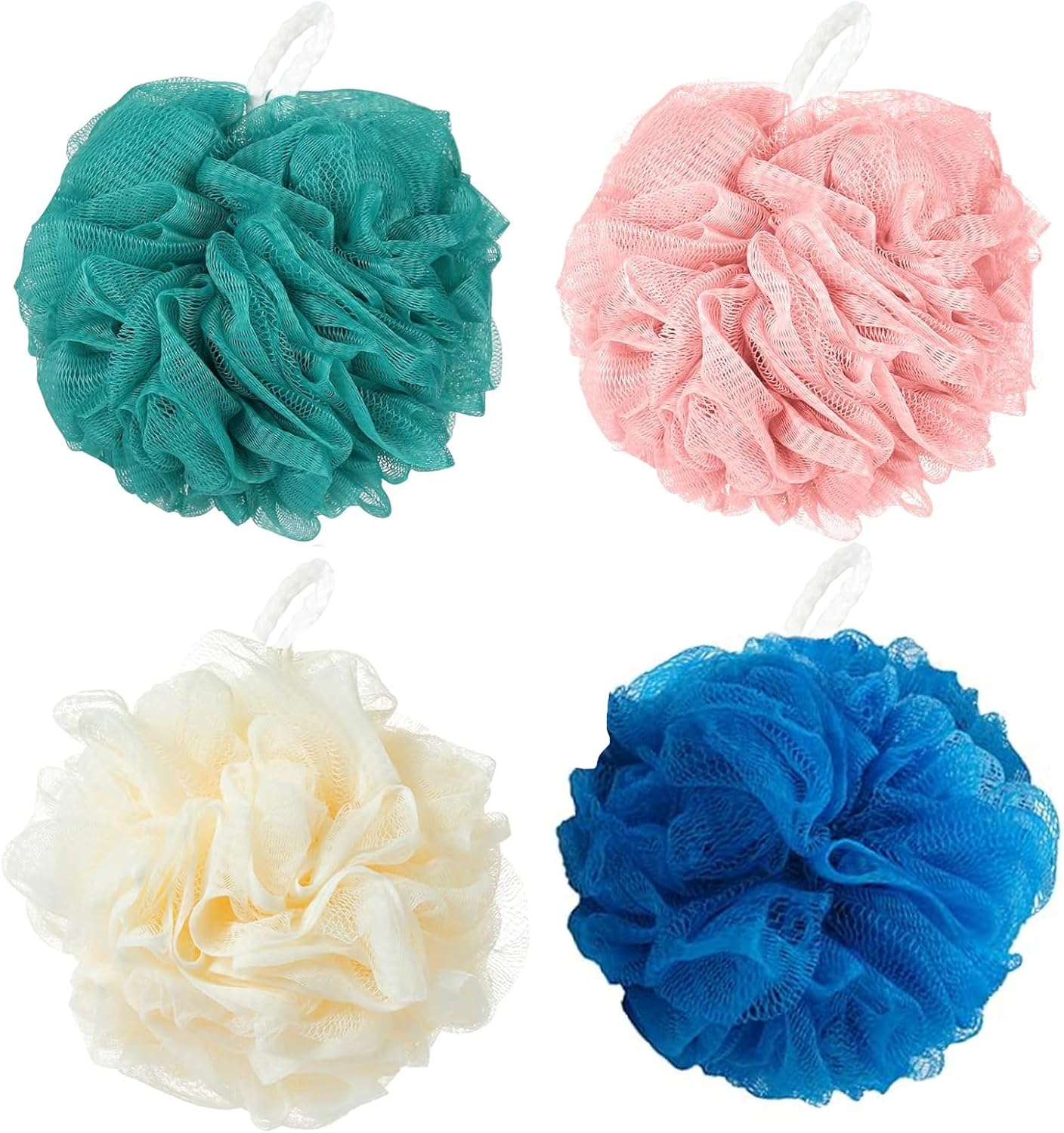 Loofah Sponge Shower Loofahs Bath Sponges Mesh Balls for Women Men Bathing Accessories Body Wash Back Scrubber 50g Soft Pouf Body Scrubber Loofahs Puff Pack, Exfoliate, Cleanse, Soothe Skin (4 Colors)