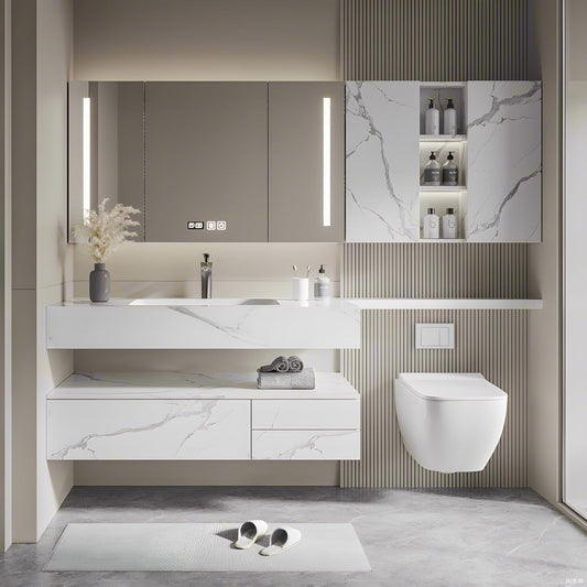 Floating Bathroom Vanity with Sink, Solid Wood Bathroom Vanity Set, Smart Defogging Mirror & Induction Side Cabinet & Large Storage - Elegant Bathroom Vanities (White,32IN)