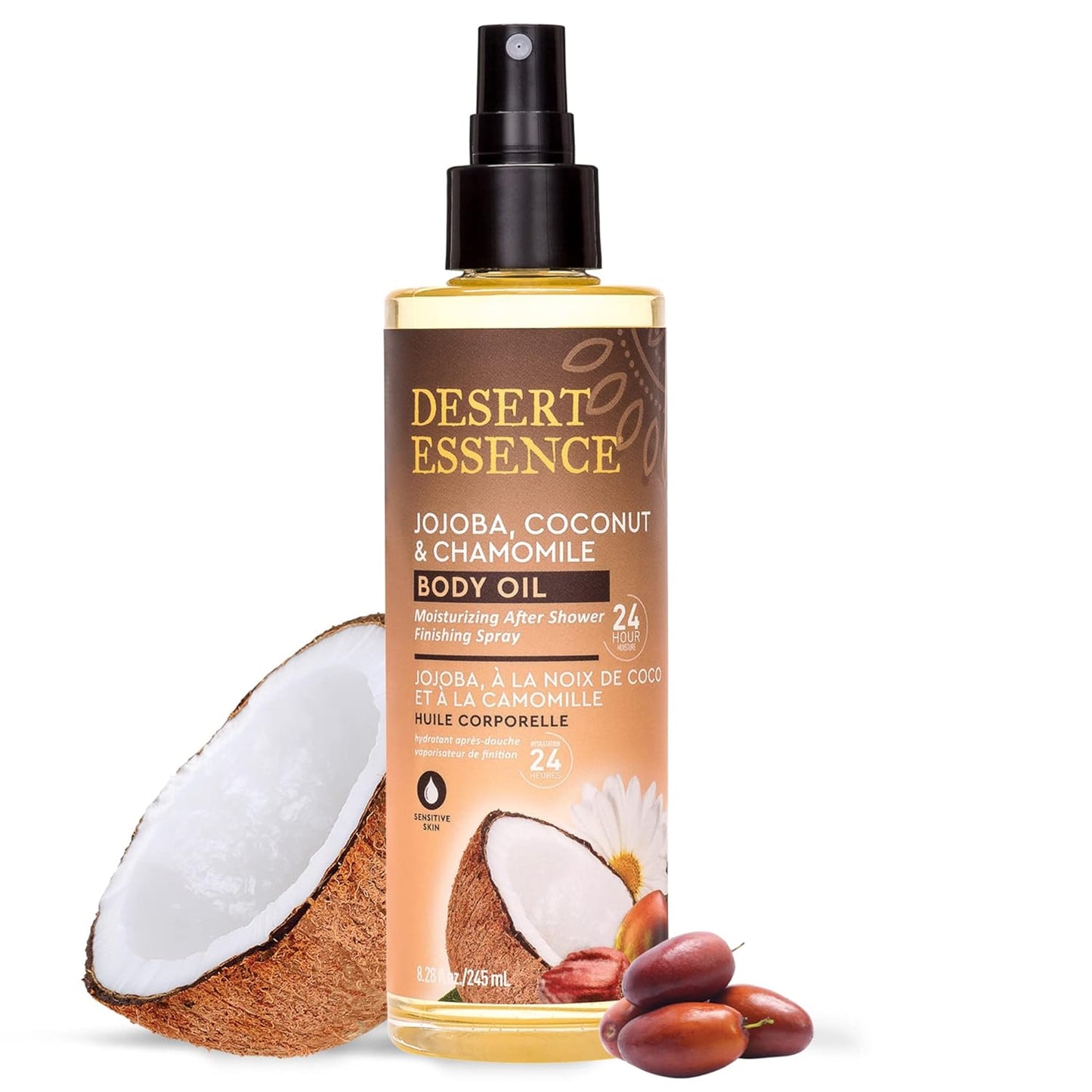 Desert Essence Body Oil Spray – 8.28 fl oz | Jojoba, Coconut & Chamomile | 24-Hour Moisture for Dry Skin | Lightweight After-Shower Oil | Vegan, Cruelty-Free, B-Corp, Made in USA