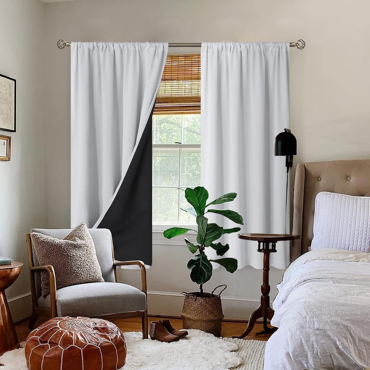 BGment Greyish White Thermal Insulated Blackout Curtains for Bedroom, 100% Black Out Curtains Noise Reduce Light Blocking Winter Curtains, Each Panel 52 x 63 Inch