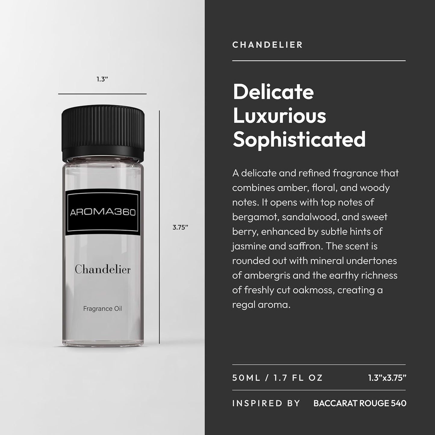 Aroma360 - Chandelier Fragrance Oil Blend | Hotel Inspired for Luxury Essential Oil Diffusers | Aromatherapy Scent Diffuser Oil | Bergamot, Woodsy Sandalwood, and Flirtatious Saffron - 50ML