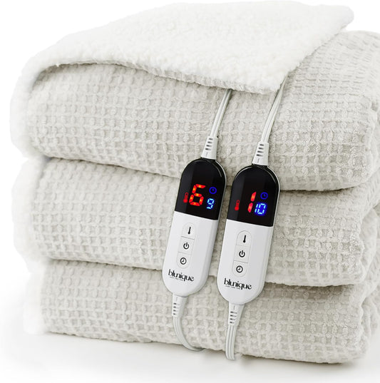 Heated Blanket Electric Blanket Queen Waffle, 84x90 Inches Dual Controllers Sherpa Fleece Fast Heating Blanket 6 Heating Levels & 10 Hours Auto Off ETL Certification,Beige Queen