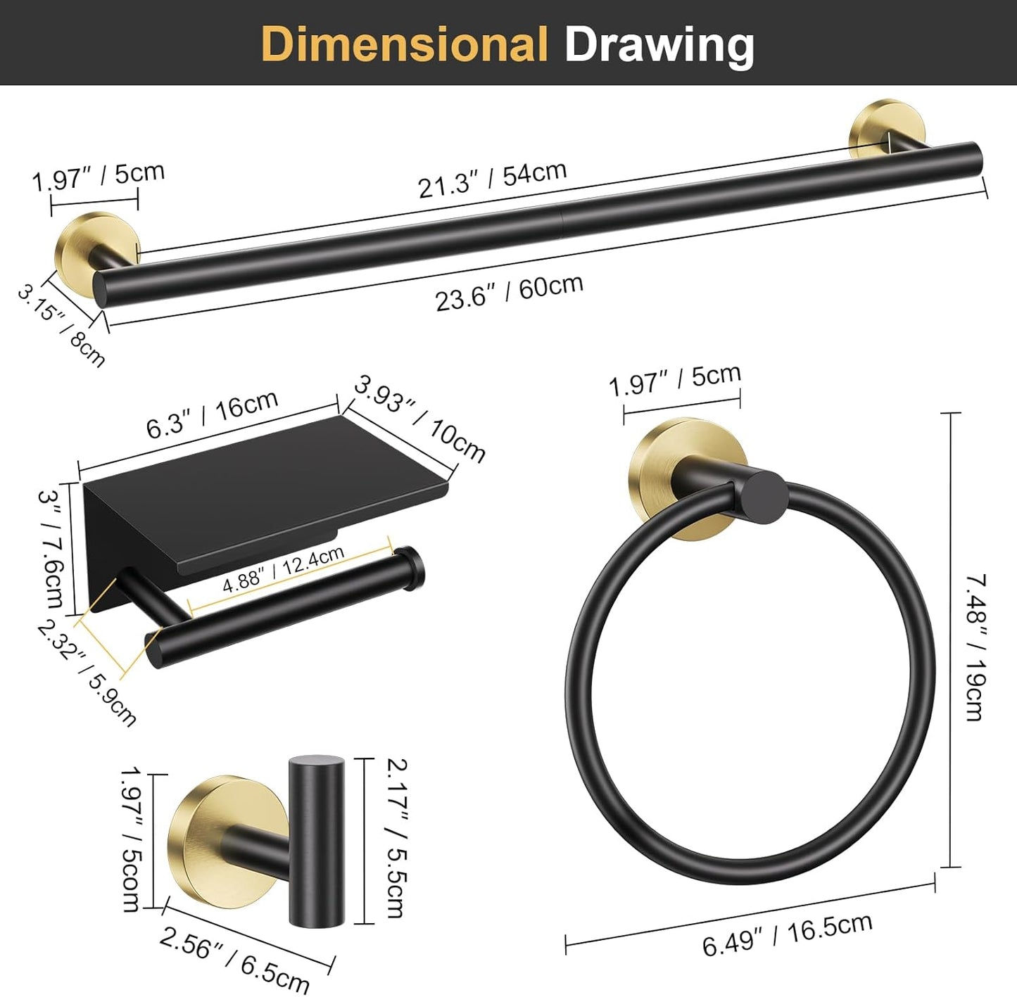Black and Gold Bathroom Hardware Set, 5 Pieces Towel Bar Bathroom Accessories, Upgraded Toilet Paper Holder with Shelf Set, 23.6 Inch Towel Rack Towel Holder for Bathroom Wall