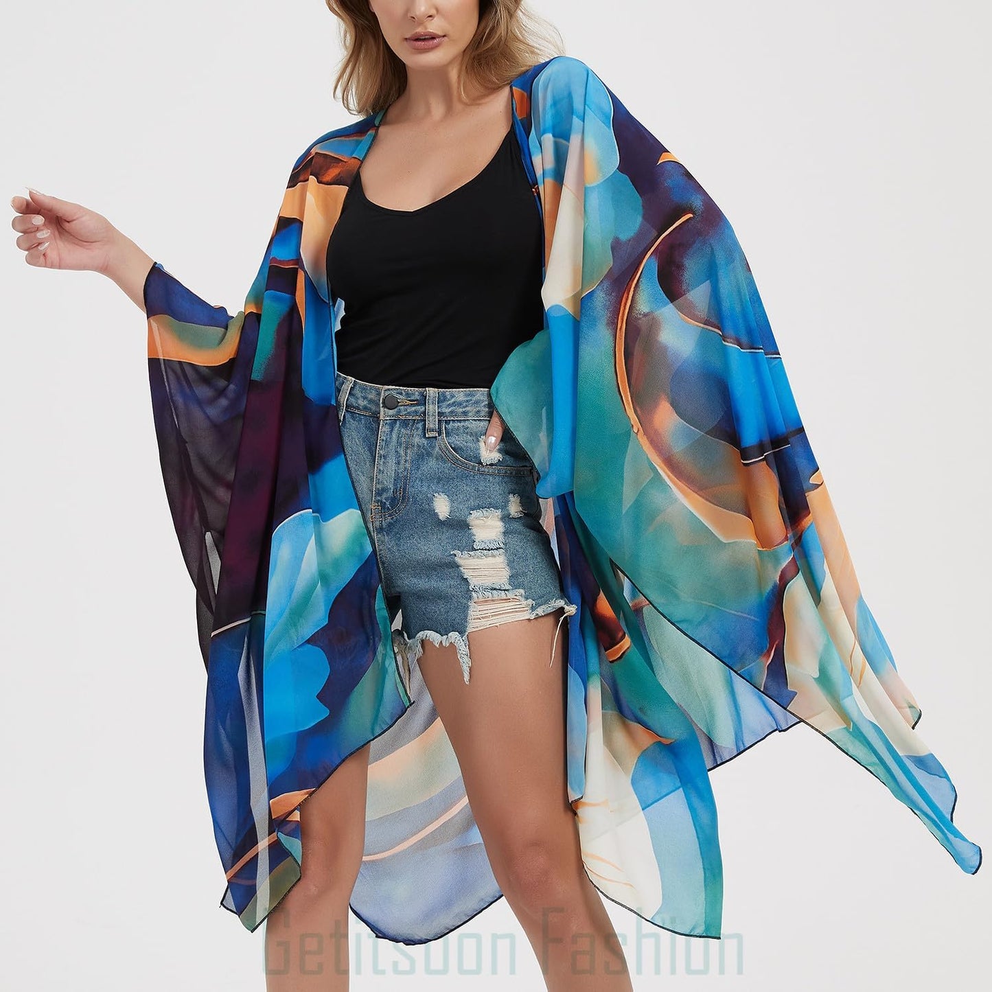 Women's Bohemian Floral Chiffon Beach Cover up Swimsuit Kimono Summer Swimwear Cardigans