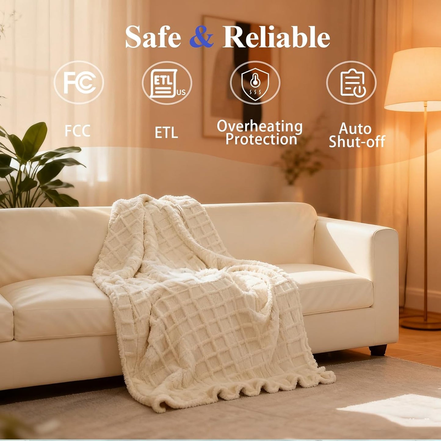 Heated Blanket Electric Throw, 50"X60" Waffle Heating Blanket with 12 Heat Levels, Fast Heating Blanket with 1-12 Timer Settings, Overheat Protection with ETL & FCC for Home Office Sofa (Milky White)