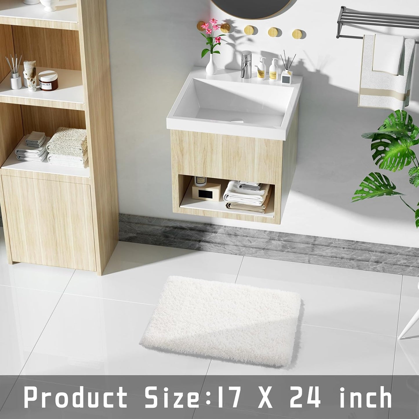 Yimobra Bathroom Rugs Non Slip Washable, Ultra Soft and Water Absorbent Bath Mats, Plush Fluffy Shower Mat Outside, Microfiber Thick Matts for Bathroom Floor/Sink, 24x17, Off White