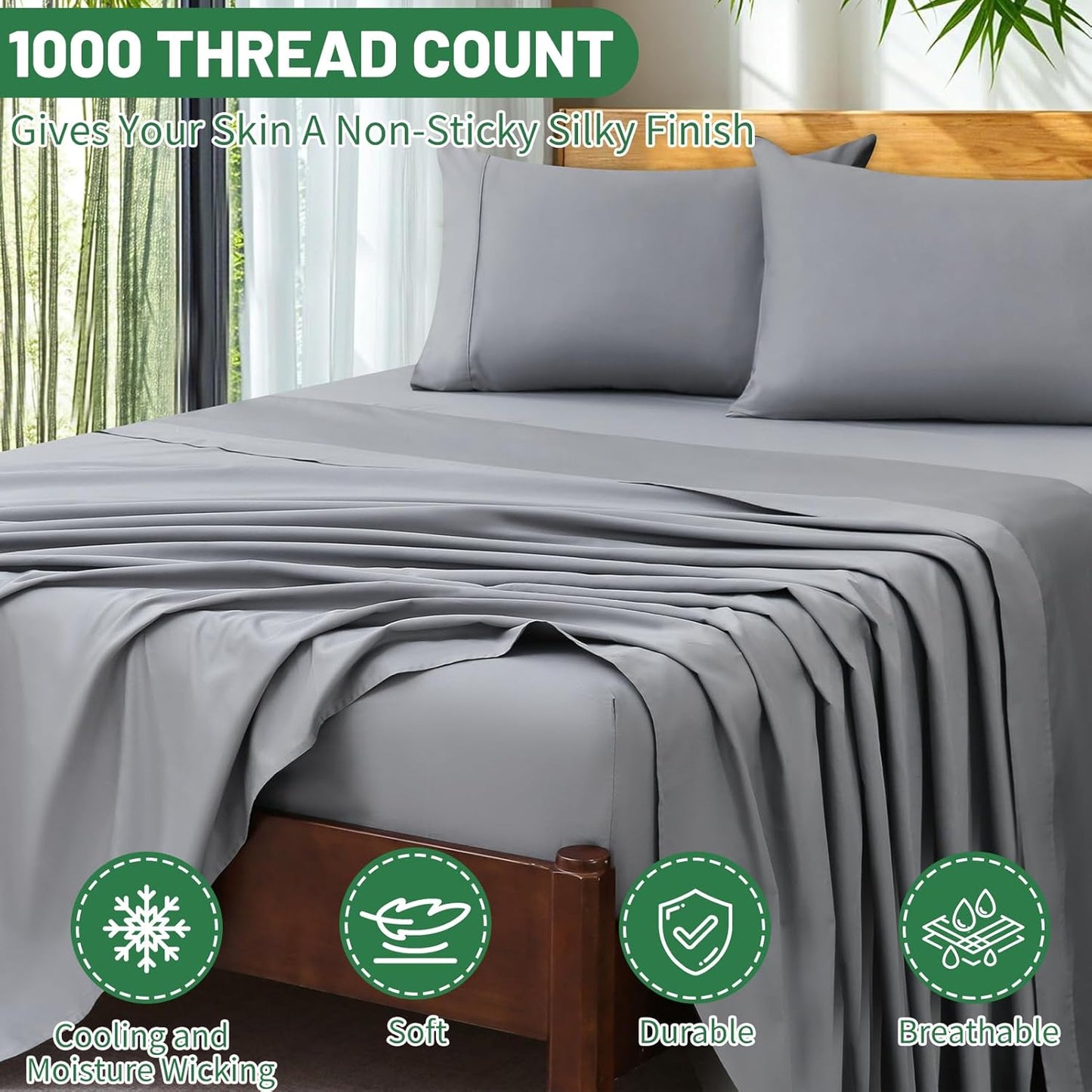 Extra Deep Pocket King Sheets 18-24 Inch 1000 Thread Count 100% Egyptian Cotton Sateen Weave Soft Breathable 4 Pieces（King，Grey）