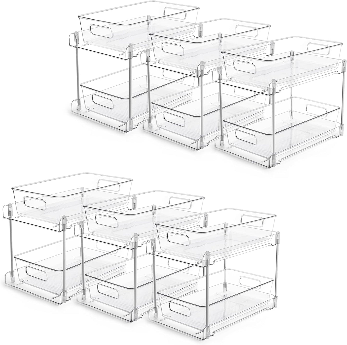 Vtopmart 6 Pack Bathroom Organizer, 2 Tier Clear Under Sink Organizers Vanity Countertop Storage Container,Cabinet Drawers Bins, Pull-Out Organization with Track for Pantry, Kitchen