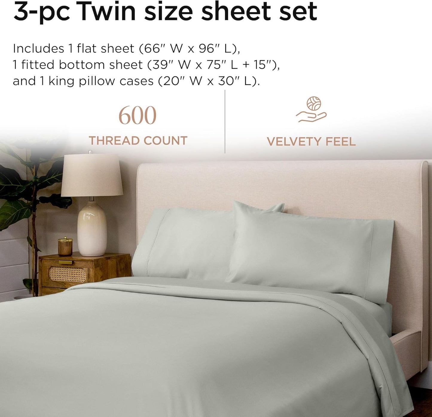 Threadmill 100% Cotton Sheets for Twin Size Bed - 600 Thread Count Twin Bed Sheets Set with 15” Deep Pocket - Sateen Weave 3-Piece Bedding Set with Cooling Effect, Light Grey