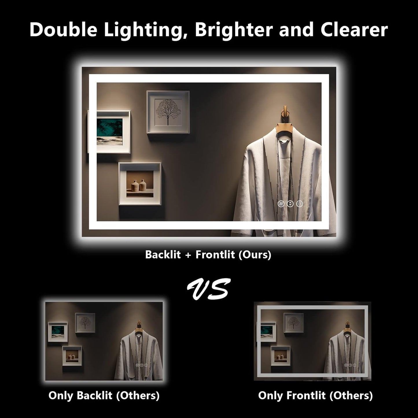 48x32 Inch LED Bathroom Mirror with Lights Front and Backlit Lighted Vanity Mirror for Bathroom Wall with 3 Colors Dimmable Anti-Fog Memory Shatter-Proof IP54 Waterproof Horizontal/Vertical