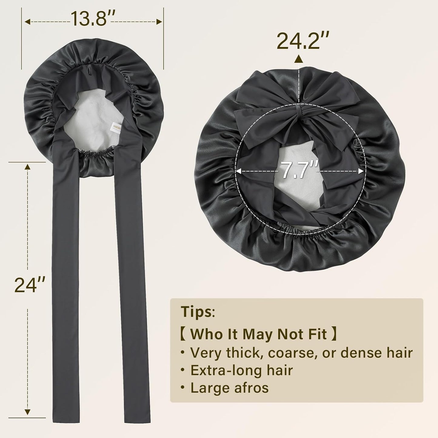 ZIMASILK 100% Mulberry Silk Bonnet for Sleeping Women Long Hair Double Layer Silk Hair Wrap with Tie Band Stay On Head (1Pc, Dark Grey)
