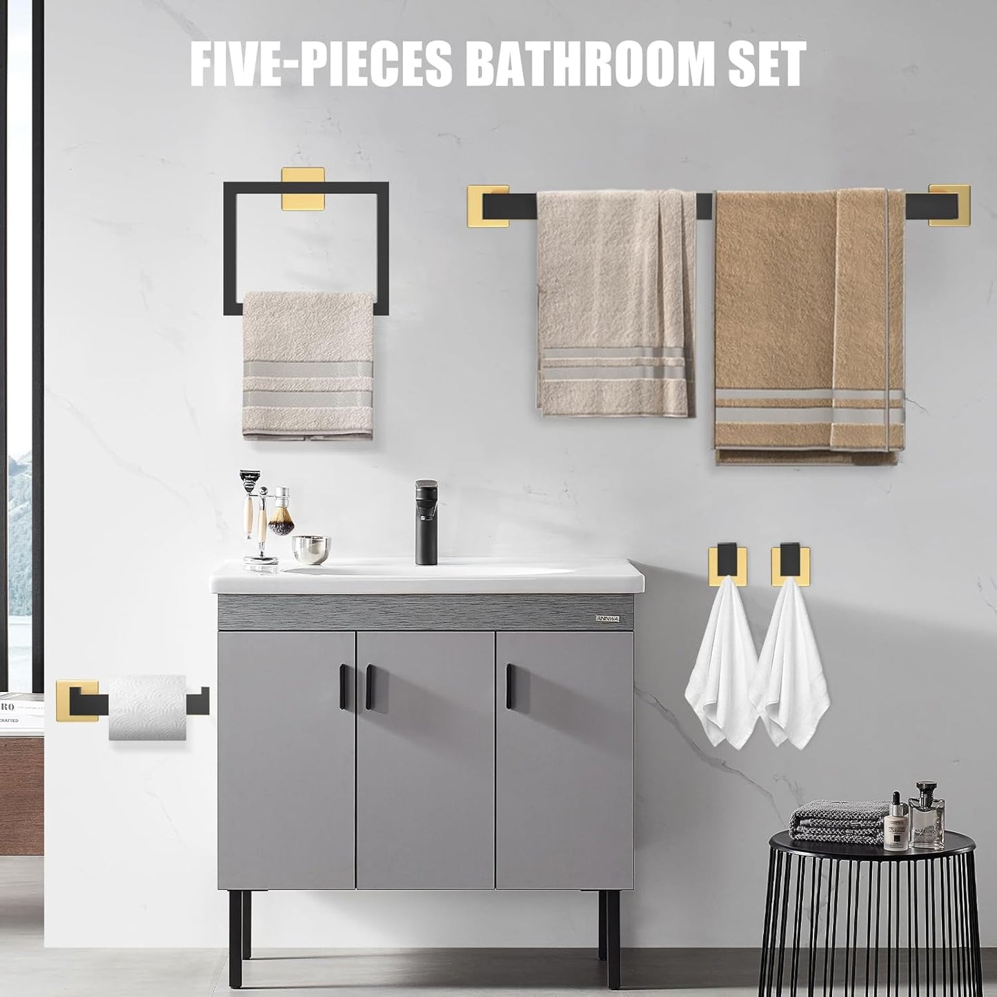 5 Piece Black and Gold Towel Bar Set - Gold and Black Bathroom Accessories with 2 Towel Hook, Stainless Steel Wall Mounted Bathroom Towel Rack Set - Square 16-Inch