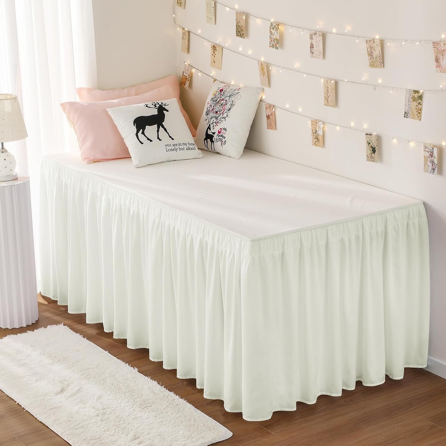 RIMELA Dorm Bed Skirt Twin XL 32 Inch Drop, Easy to Install Extra Long Wrap Around Elastic Dust Ruffle, Ivory Bedskirt Solid Silky Fabric Machine Washable (Twin XL 80“L x 39”W & Twin 75“L x 39”W)