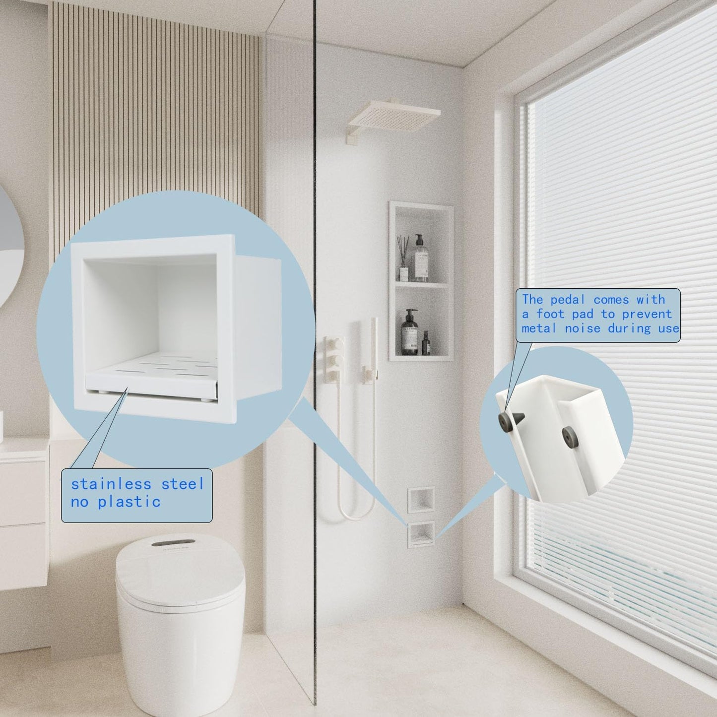 Recessed Wall Soap Holder，Foot Rest for Shower Niche,Perfect for Shaving Legs and Storage,Stainless Steel 304, Matte White, 5.9 x 4.8 x 3.9 in