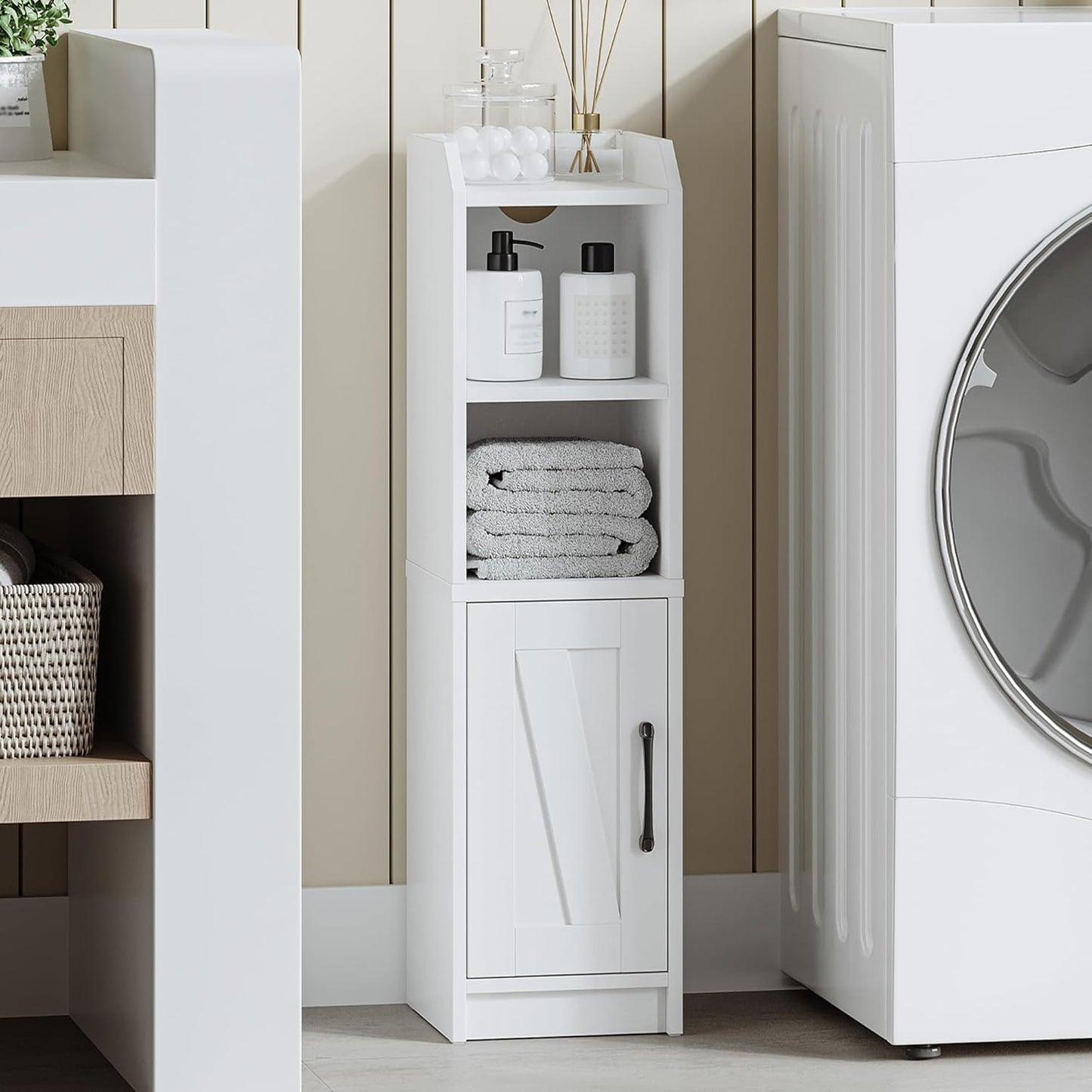 Bathroom Storage Cabinet, Small Farmhouse Corner Floor Cabinet with Door and Shelves, Narrow Toilet Paper Holder Stand, Bathroom Organizer with Adjustable Shelf, for Small Spaces, White