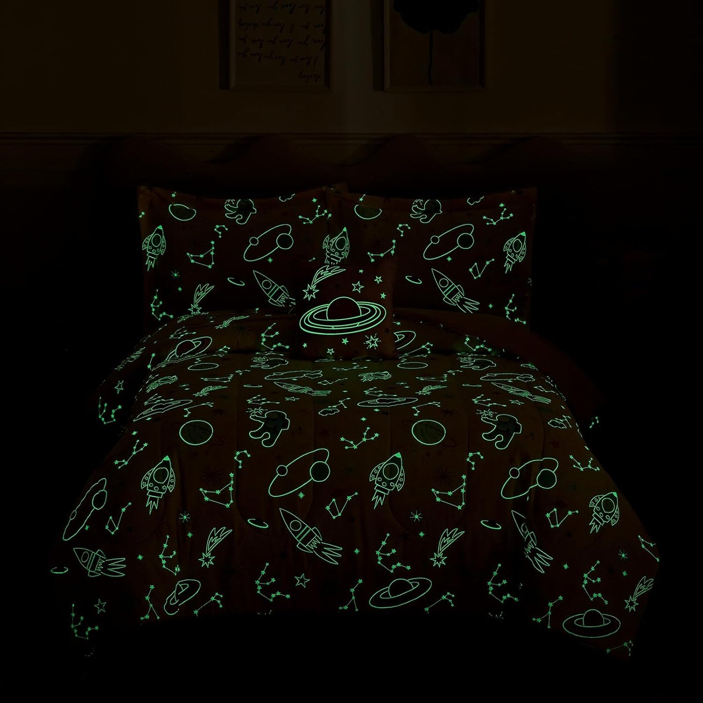 Full Size Comforter Set for Girls-4 Pieces Space Glow in The Dark Full Bedding Sets for Kids, 1 Comforter, 2 Shams and 1 Decor Pillow