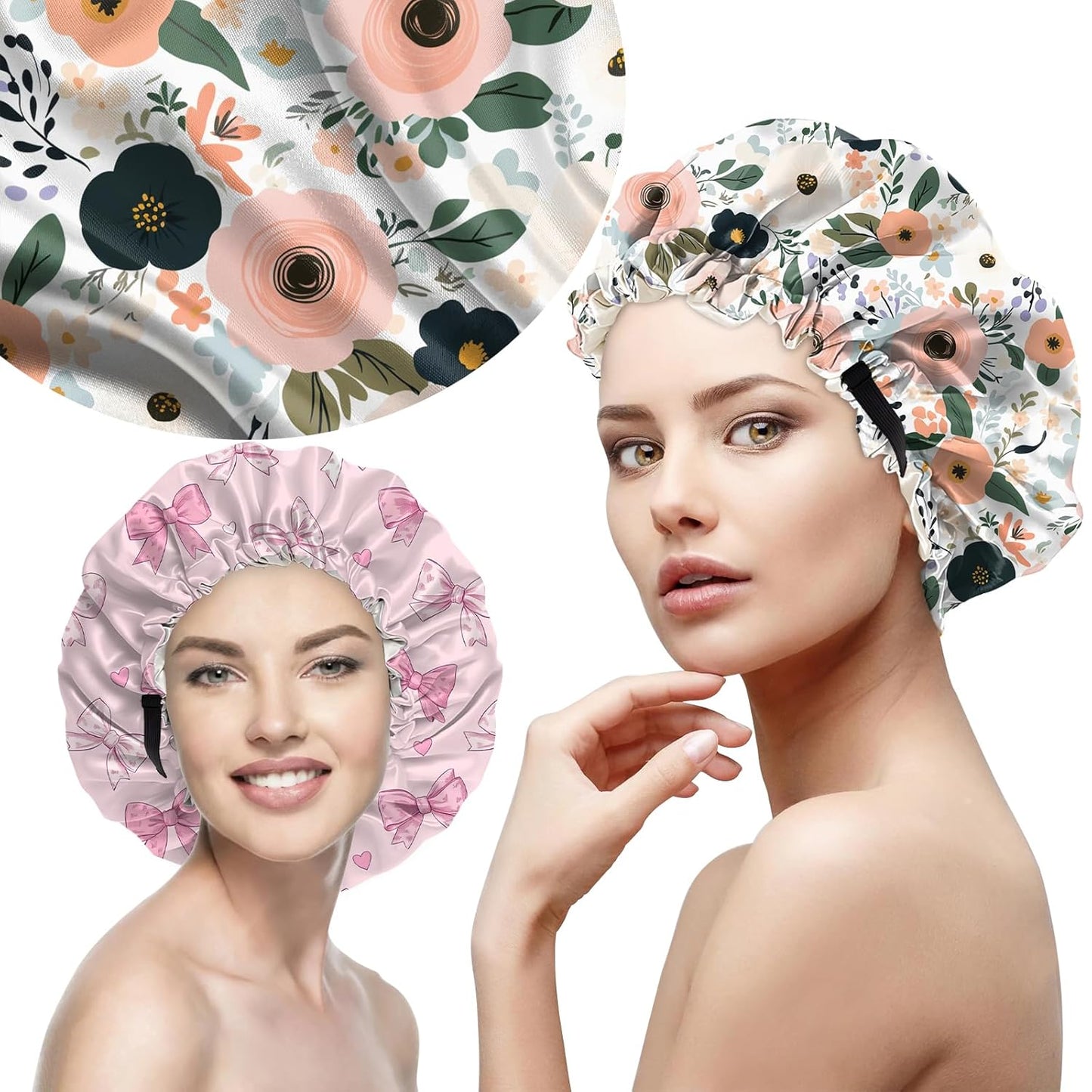 2 PCS Bonnets for Women Girls Satin Hair Bonnet Silk Adjustable Elastic Double Layer Hair Wrap Sleep Cap Comfort Cute-Bowknot Flower