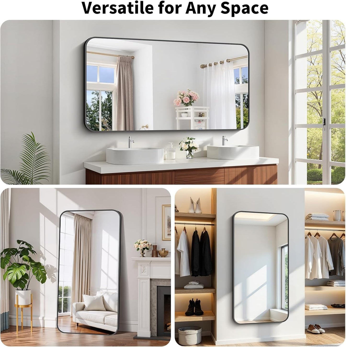 Koonmi Black Framed Bathroom Mirror - 30x60 Inch Shatterproof Tempered Glass Vanity Mirror for Bathroom Sink, Wall Mounted with Matte Aluminum Alloy Frame, No Distortion, Modern Decor