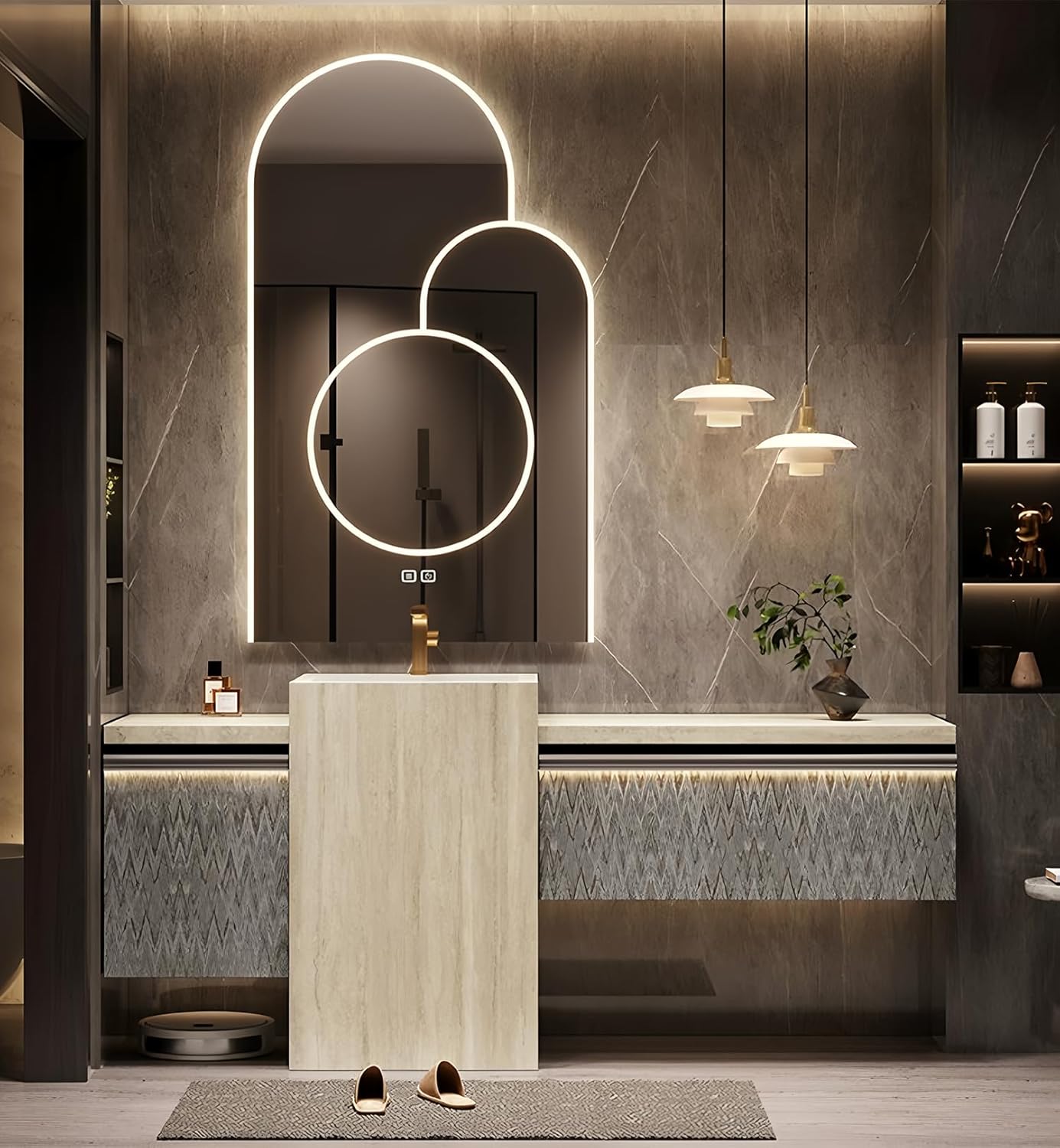 Single Sink Freestanding Bath Vanity, Modern Bath Vanity with LED Smart Mirror, 60IN Solid Wood Floating Bathroom Sink Cabinet with Marble Slate Top and Large Storage Drawer